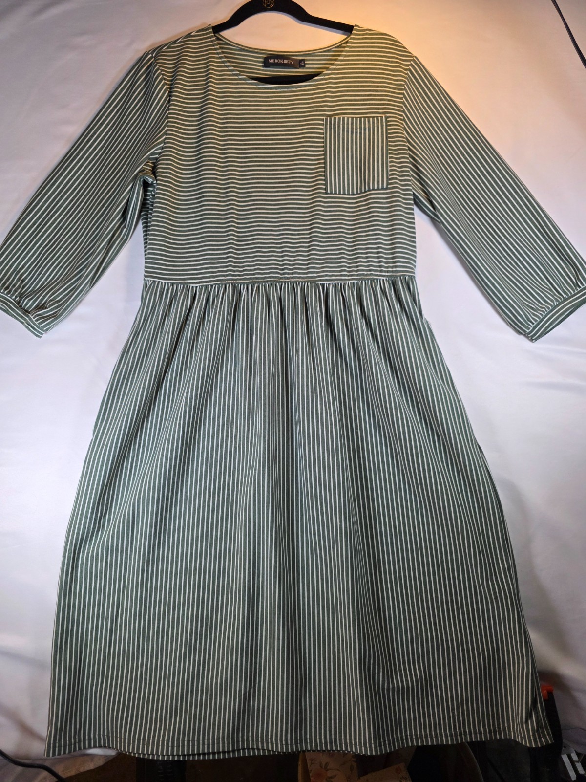 MEROKEETY Women’s XL Green White Striped Midi Dress 3/4 Balloon Sleeve Pockets