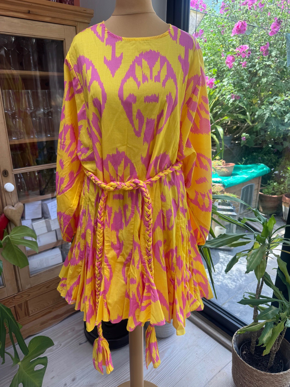 Stunning RHODE “Ella” Ikat Print Yellow & Pink Cotton Belted Mini DRESS, S §