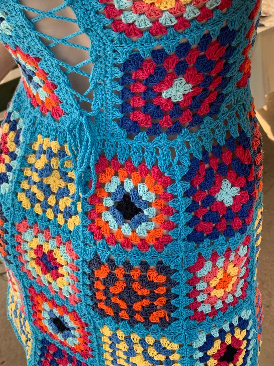 Handmade Granny Square Crochet Mini Dress Boho Festival Beach Cover Up