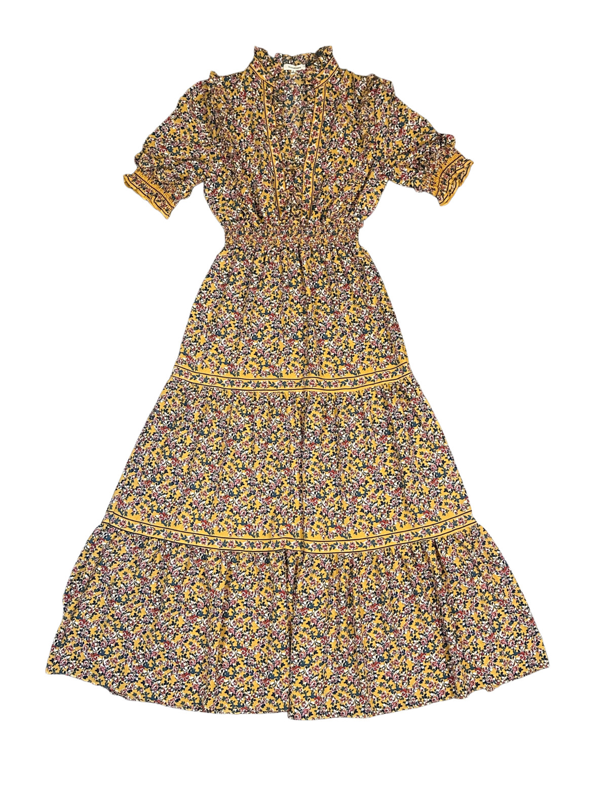Max Studio Maxi Dress Small Mustard Floral Smocked Waist Tiered Boho Sleeve EUC