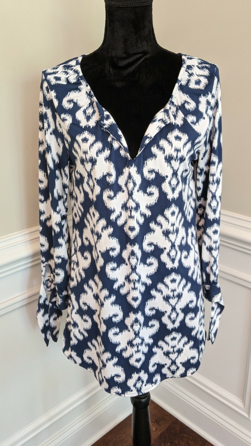 Mud Pie Tunic Dress Navy Blue White Geometric Print V Neck Balloon Sleeve Shift