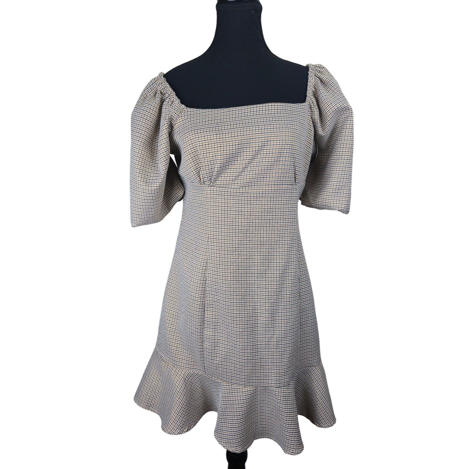 AQUA Puff Sleeve Checked Womens Mini Dress Medium Plaid Square Neck Ruffle Hem