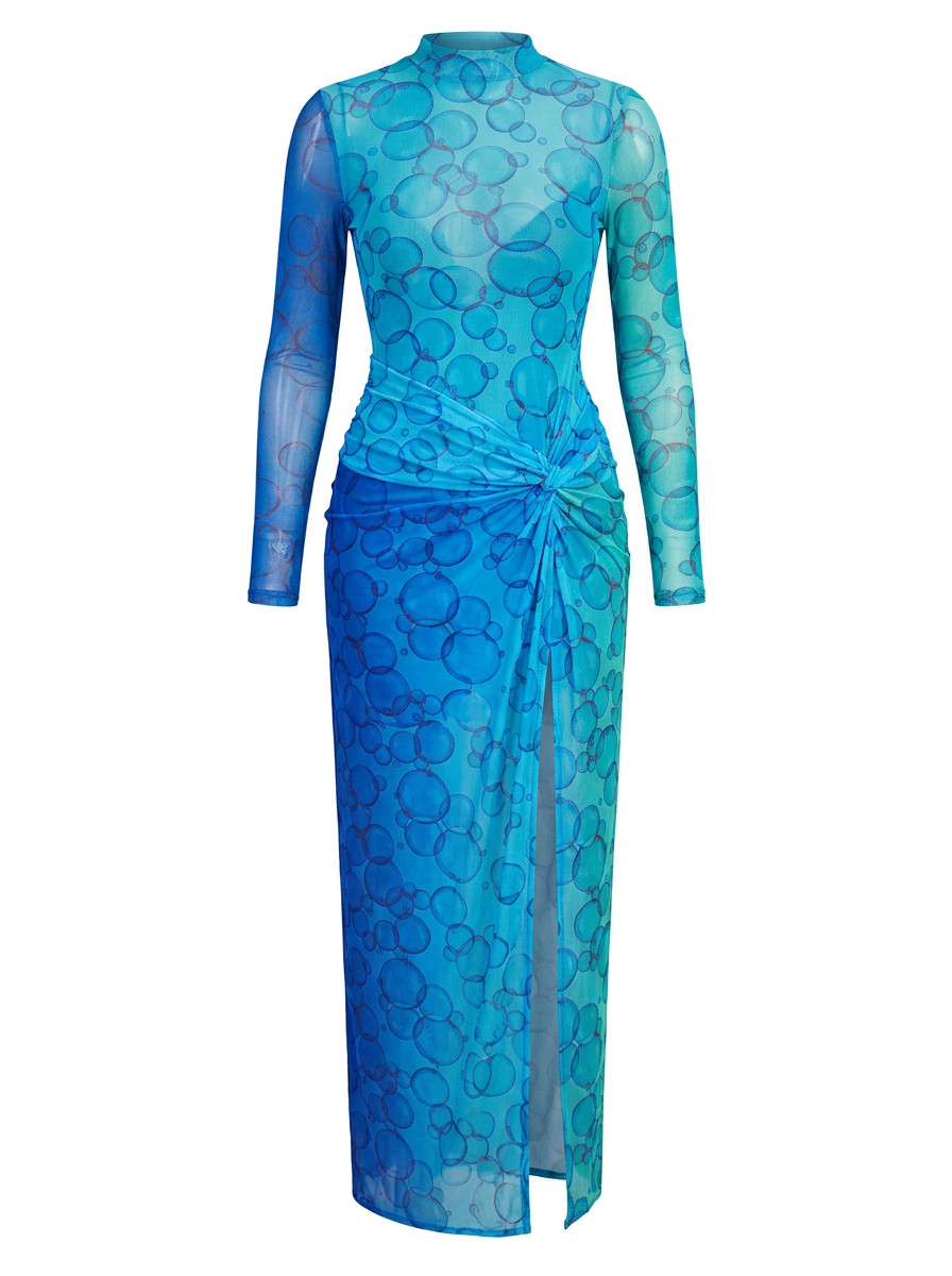 Azure Bubble Mesh Maxi Dress