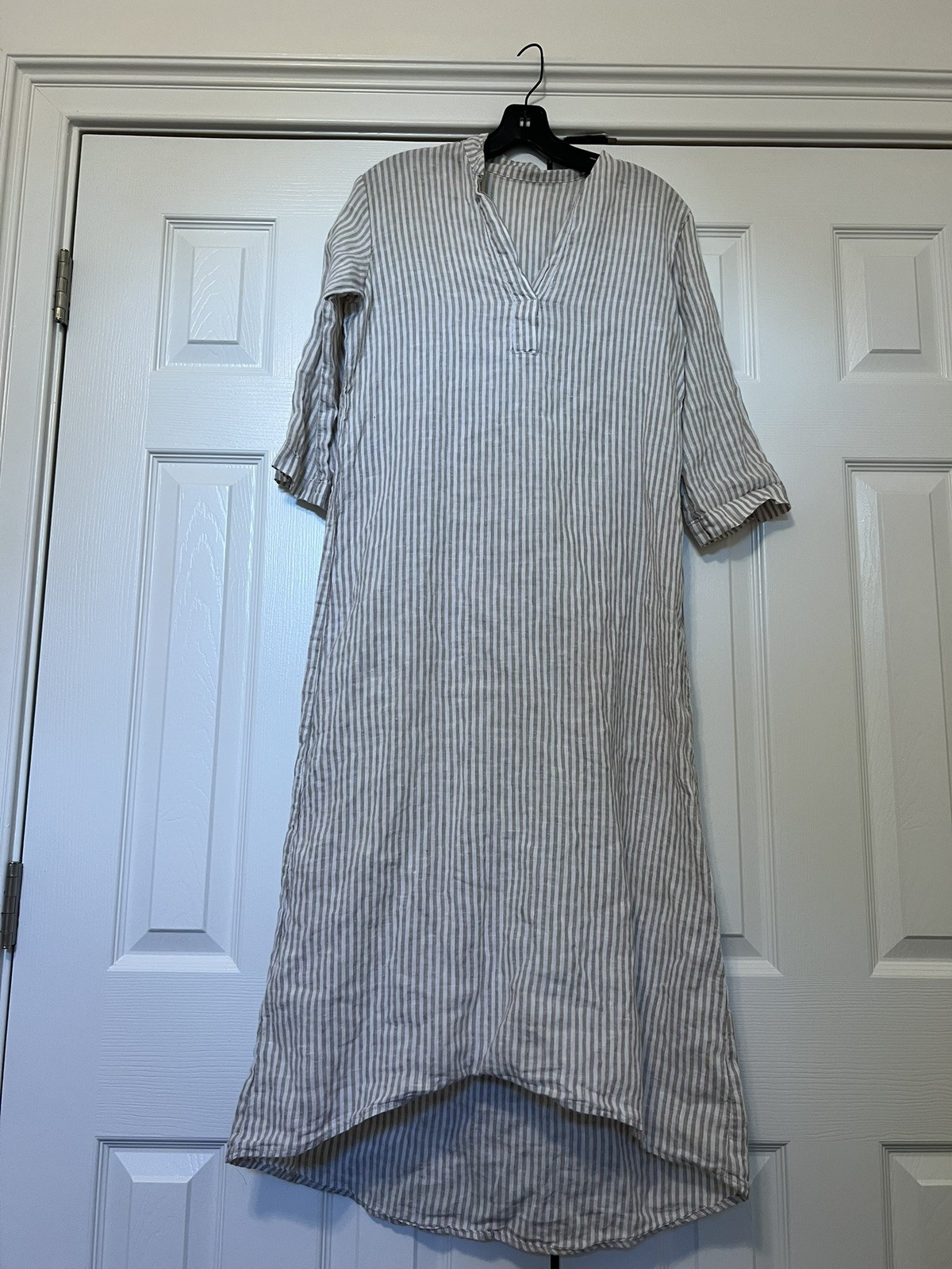 LO Len Ok Womens White and Taupe Striped Linen Maxi Dress XS 3/4 Sleeve Casual