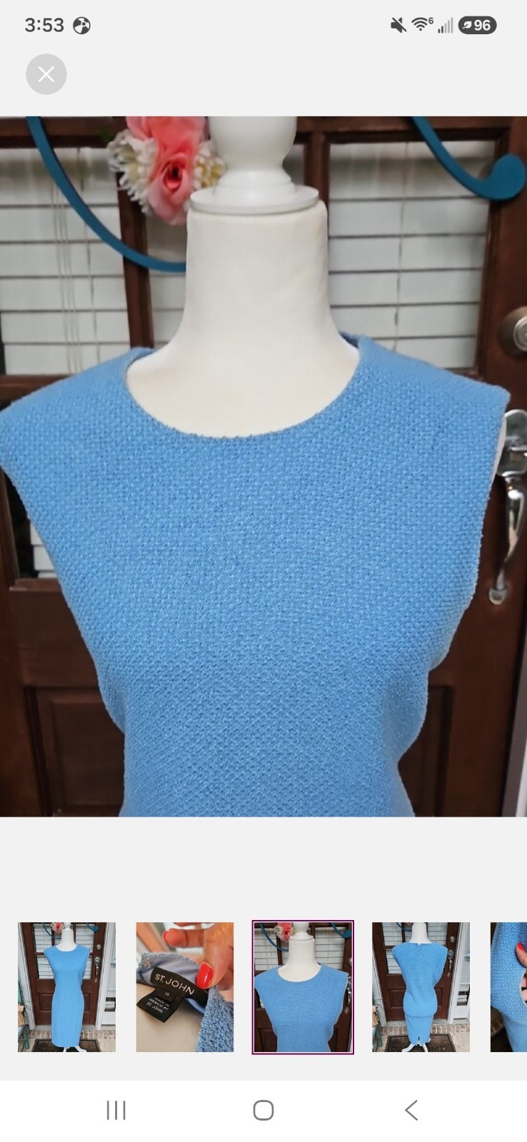 St. John Classic Light Blue Sheath Sleeveless Wool Midi Dress Size 14
