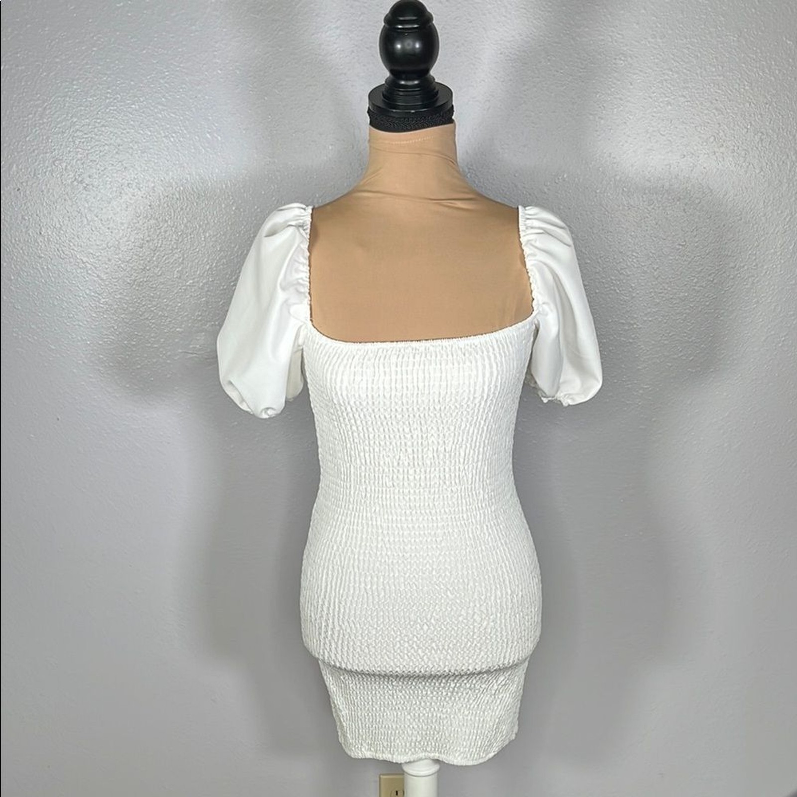 Romantic White Smocked Puff Sleeve Mini Dress Bridal Euro Summer Cottagecore – 6