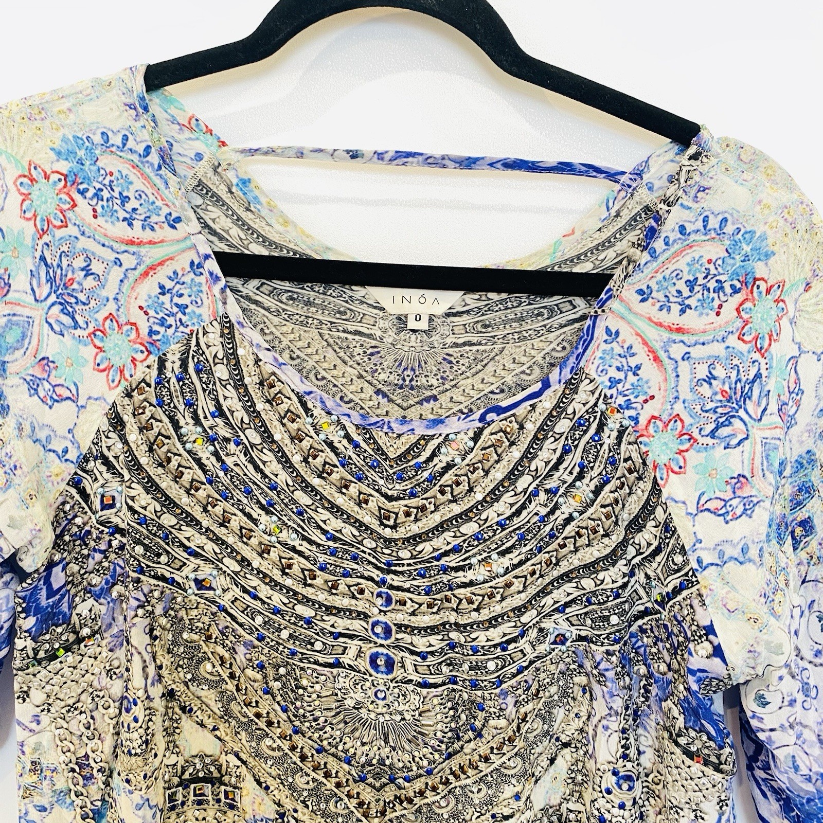INOA 100% Silk Size 0 Blue Green Jewelled Aztec Patterned Kaftan Dress Boho