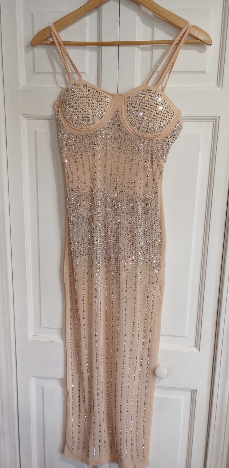 Womens Sheer Mesh Bodycon Long Dress See-Through Sleeveless Rhinestones M