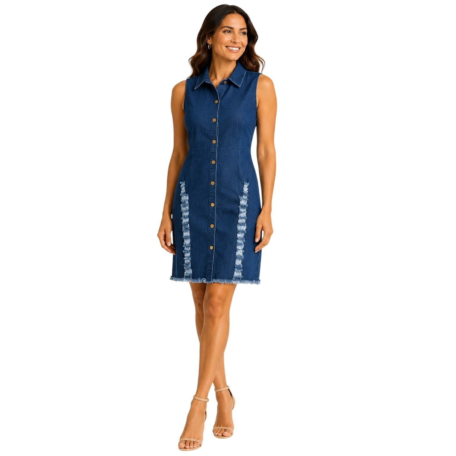 Denim Button Down Dress Womens XL Blue Distressed Frayed Sleeveless