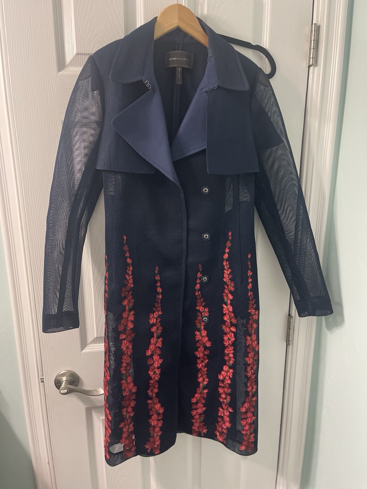 BCBGMAXAZRIA Sheer Mesh Floral Embroidered Trench Dress Coat Small Navy Red