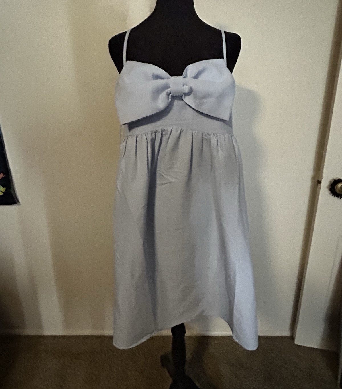 First Love by Lovelyn L Light Blue Solid Woven Sweetheart Bow Front Mini Dress