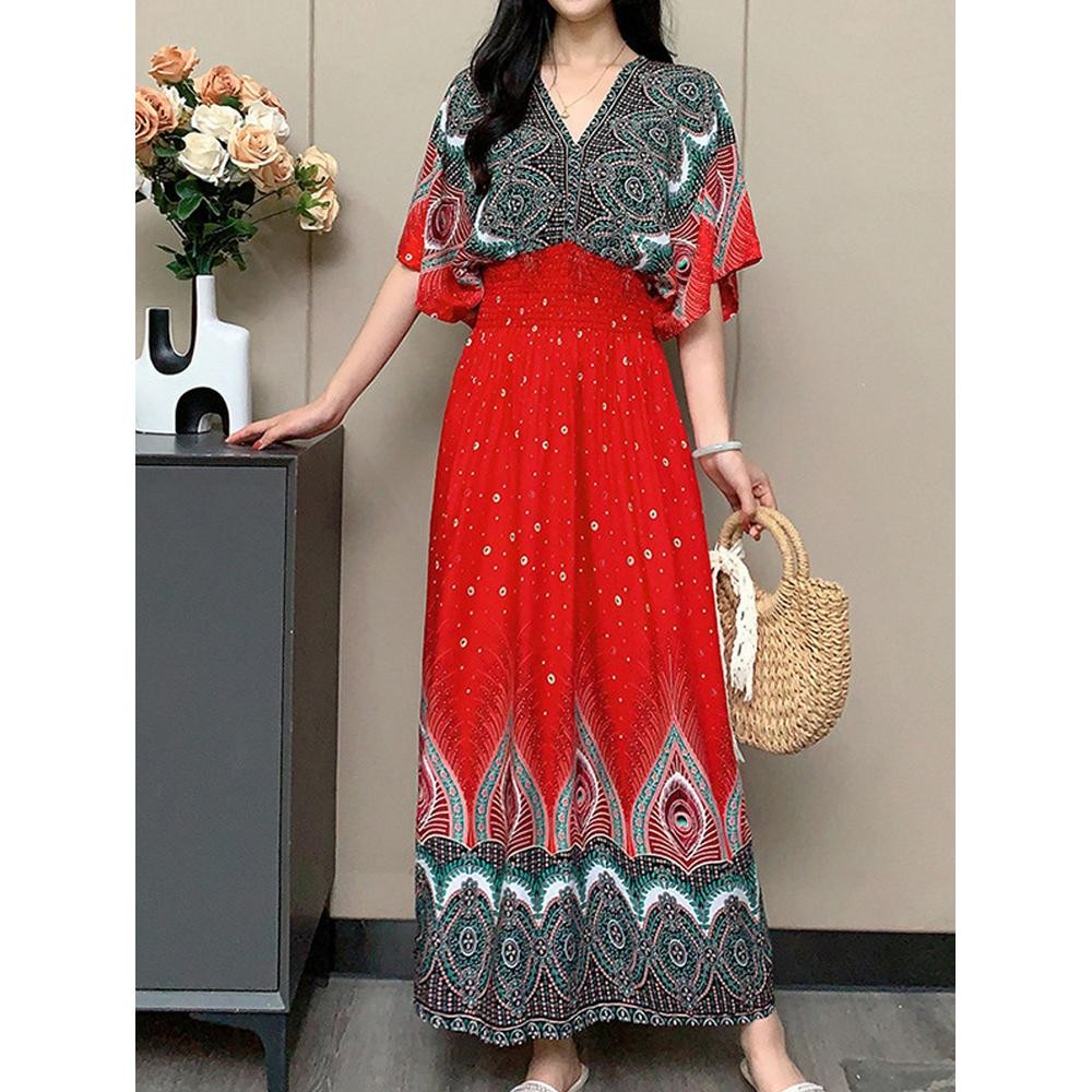 Elegant Bohemian Midi Sundress Ladies Elastic Waist Flowy Fit All Body Types