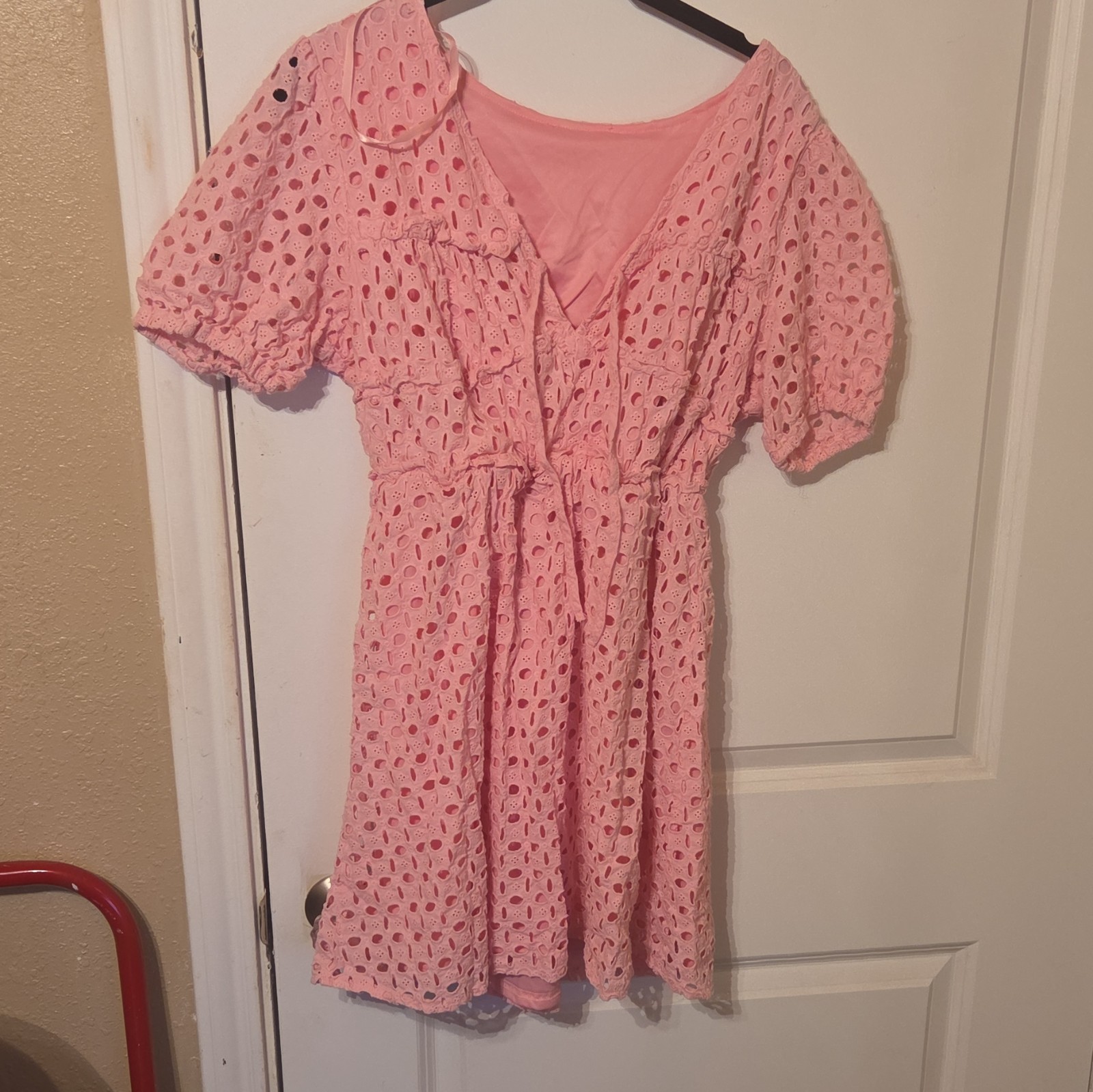 Womens Pink Solid Eyelet Fit & Flare Dress Puff Sleeve V-Neck Short Sz M