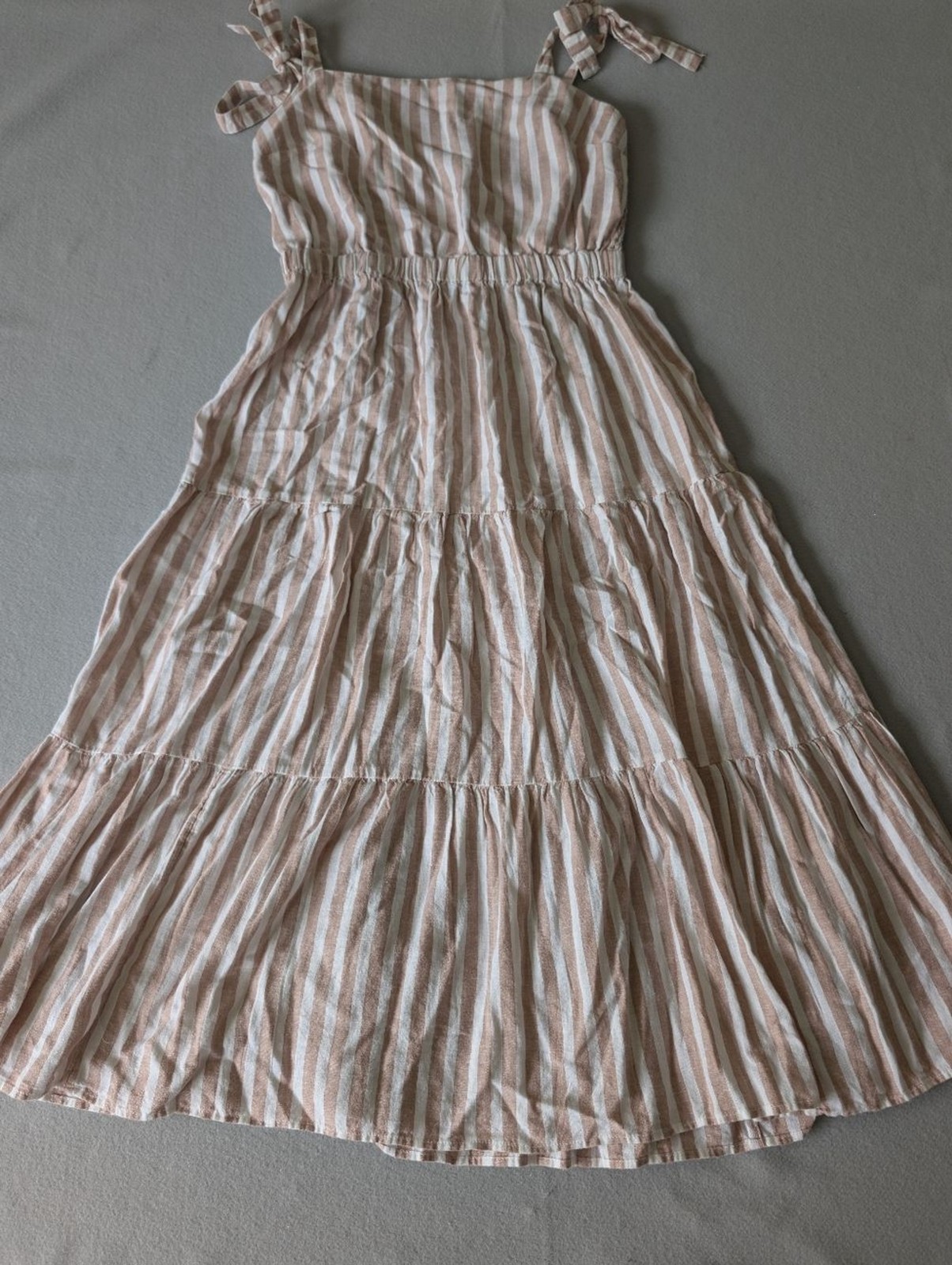 Linen Blend Tie Strap Ruffle Tier Coastal Neutral Striped Midi Dress Sz L Beach