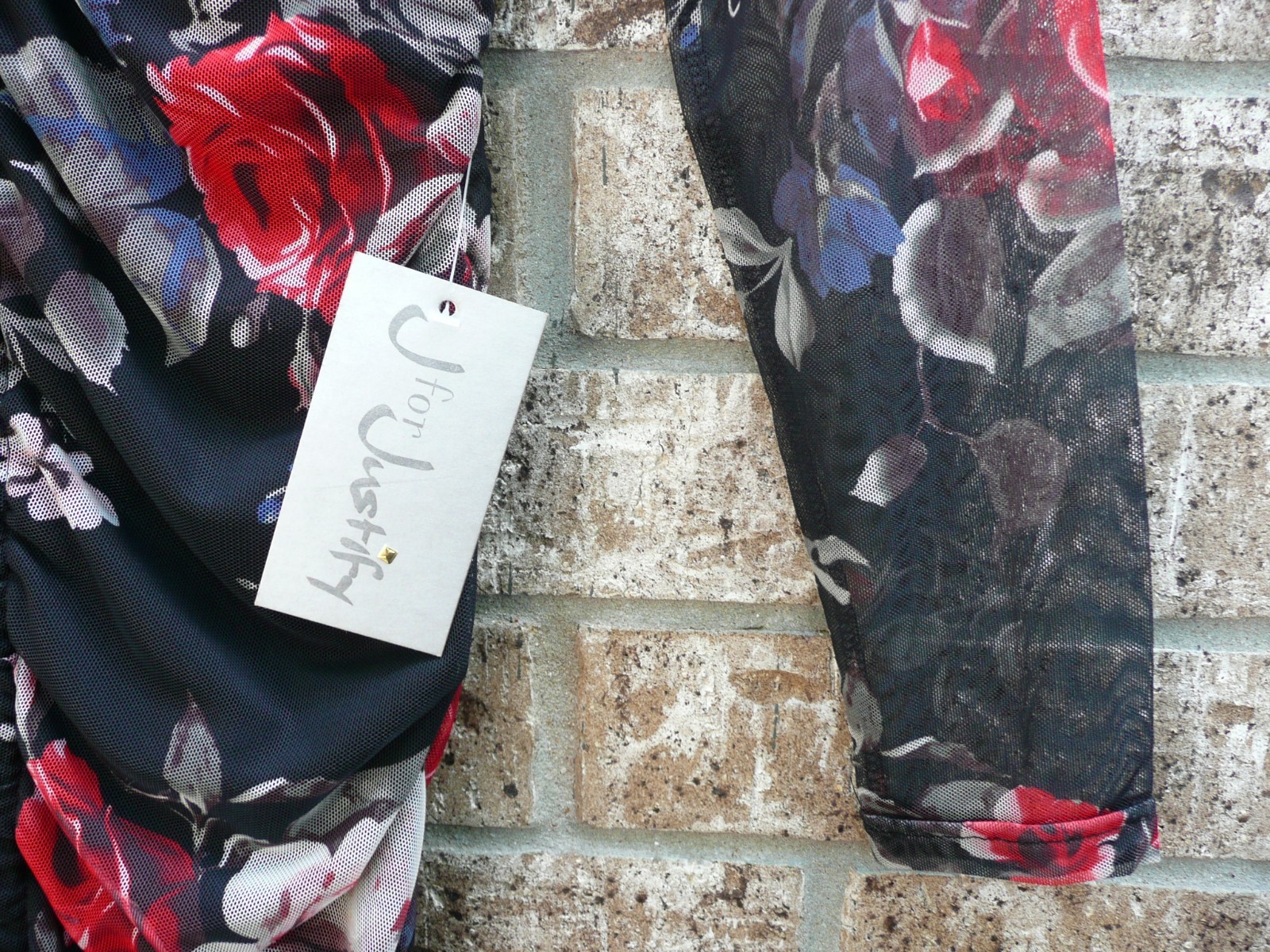 J for Justify Dress Size M Hem Tie Ruched Bodycon Black Floral Roses Long Sleeve