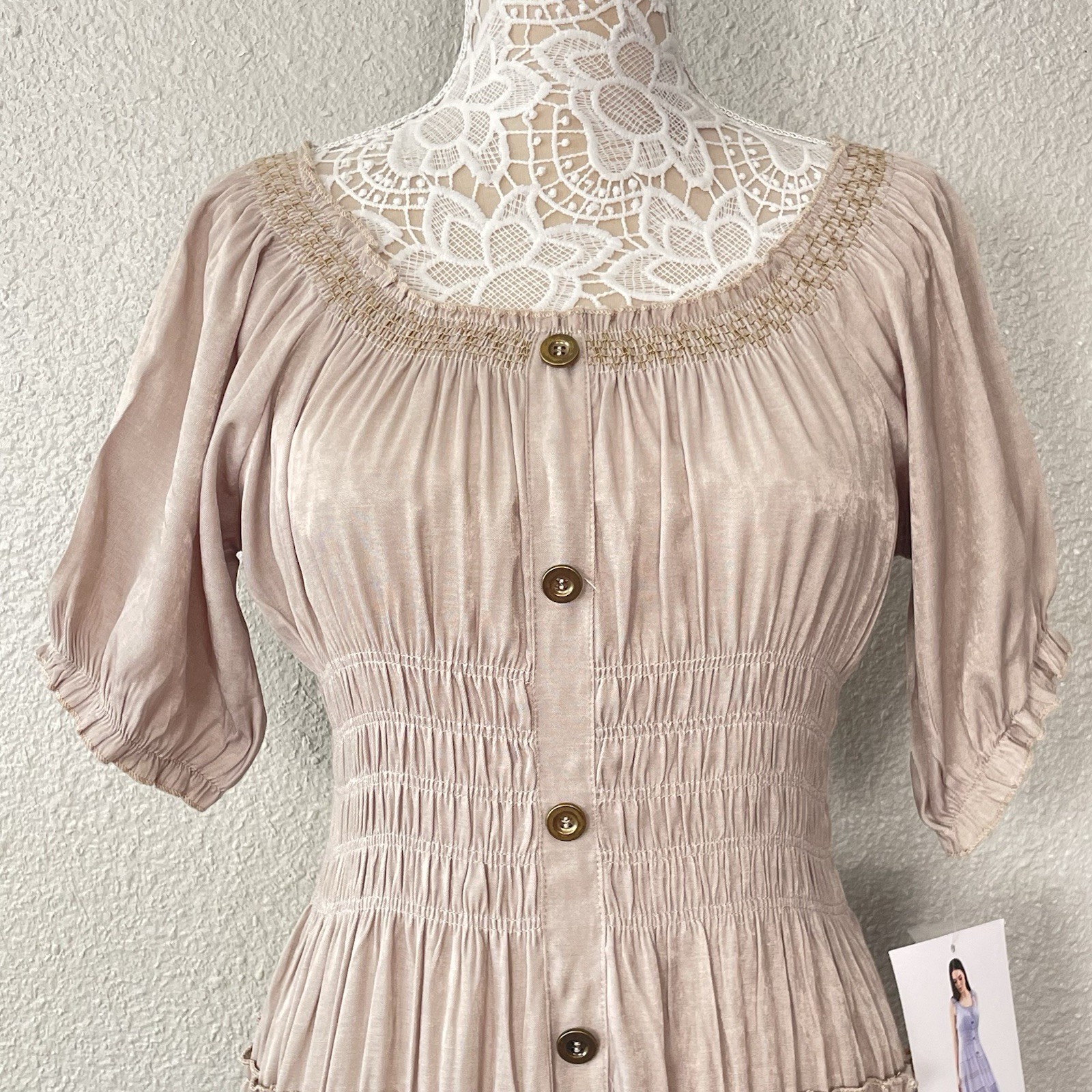 Indigo & Lace Milkmaid Maxi Dress Medium Taupe Tiered Resort Cottage Peasant