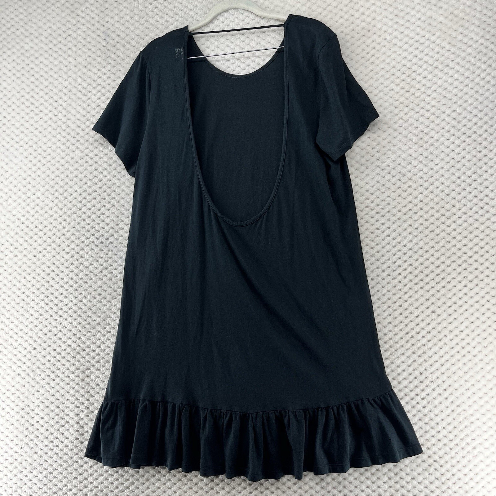 Cotton Dress Ruffle Hem Short Sleeve Casual Comfy Black Plunging Back