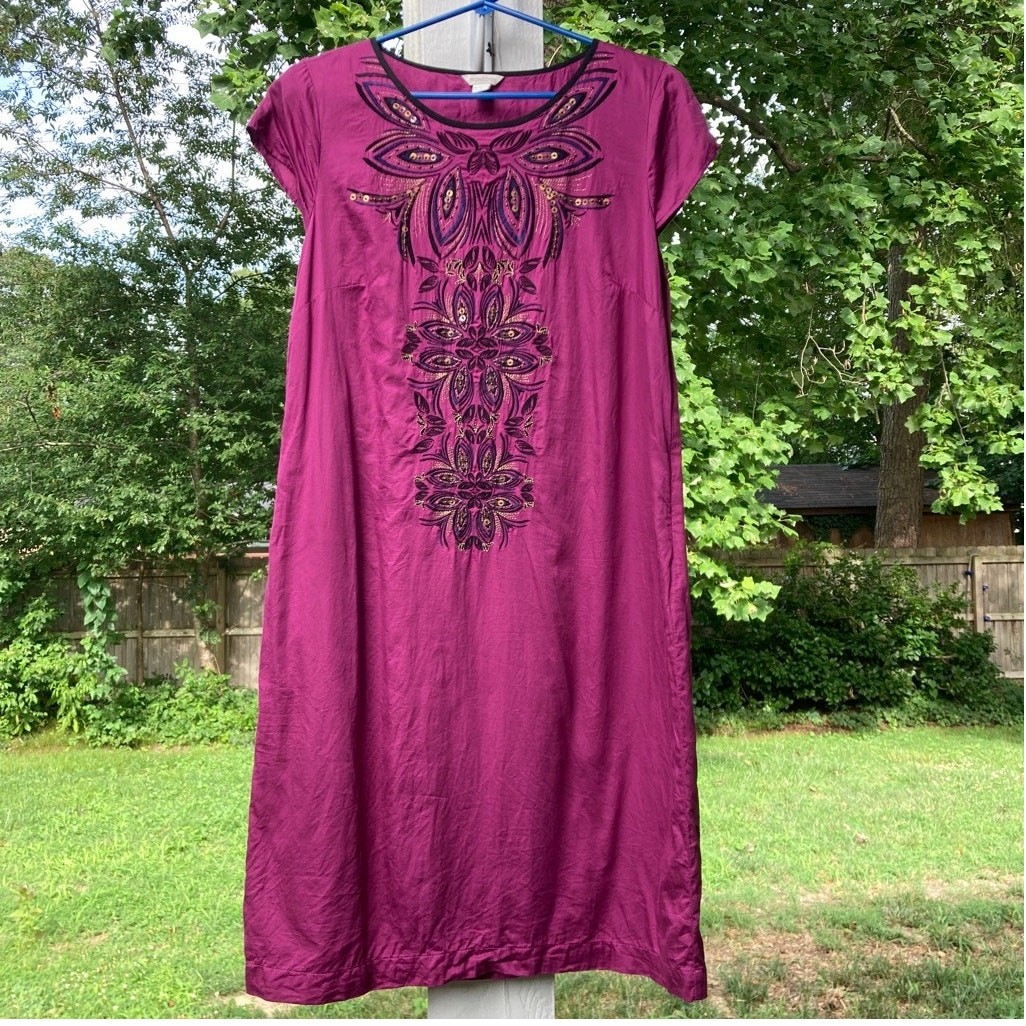 Monsoon – Magenta Beaded Embroidery Design Tunic Dress Cap Sleeves No Slits – 10
