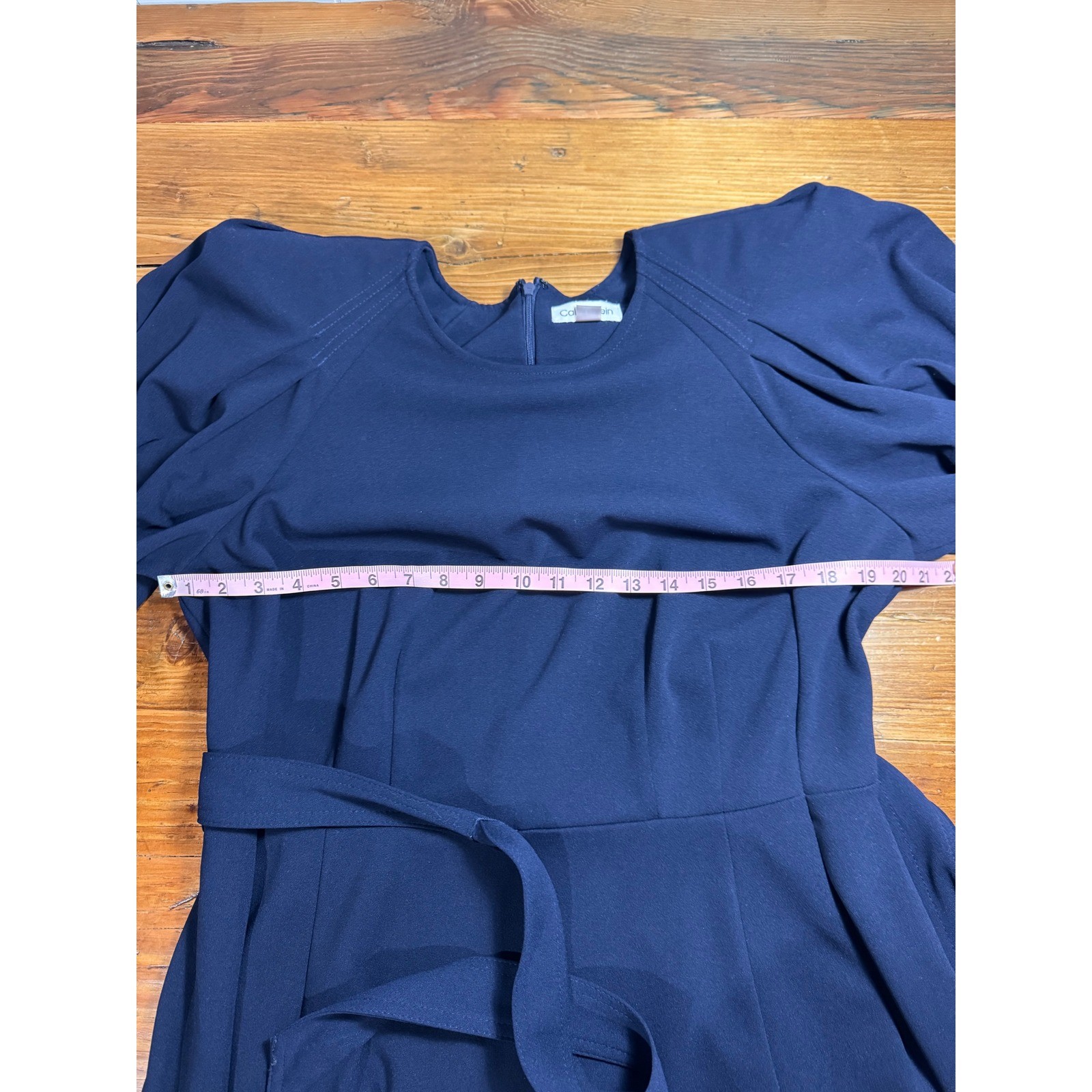 Calvin Klein Navy Puff Sleeve Belt Tie Waist Midi Dress Size 14W Altered Hem