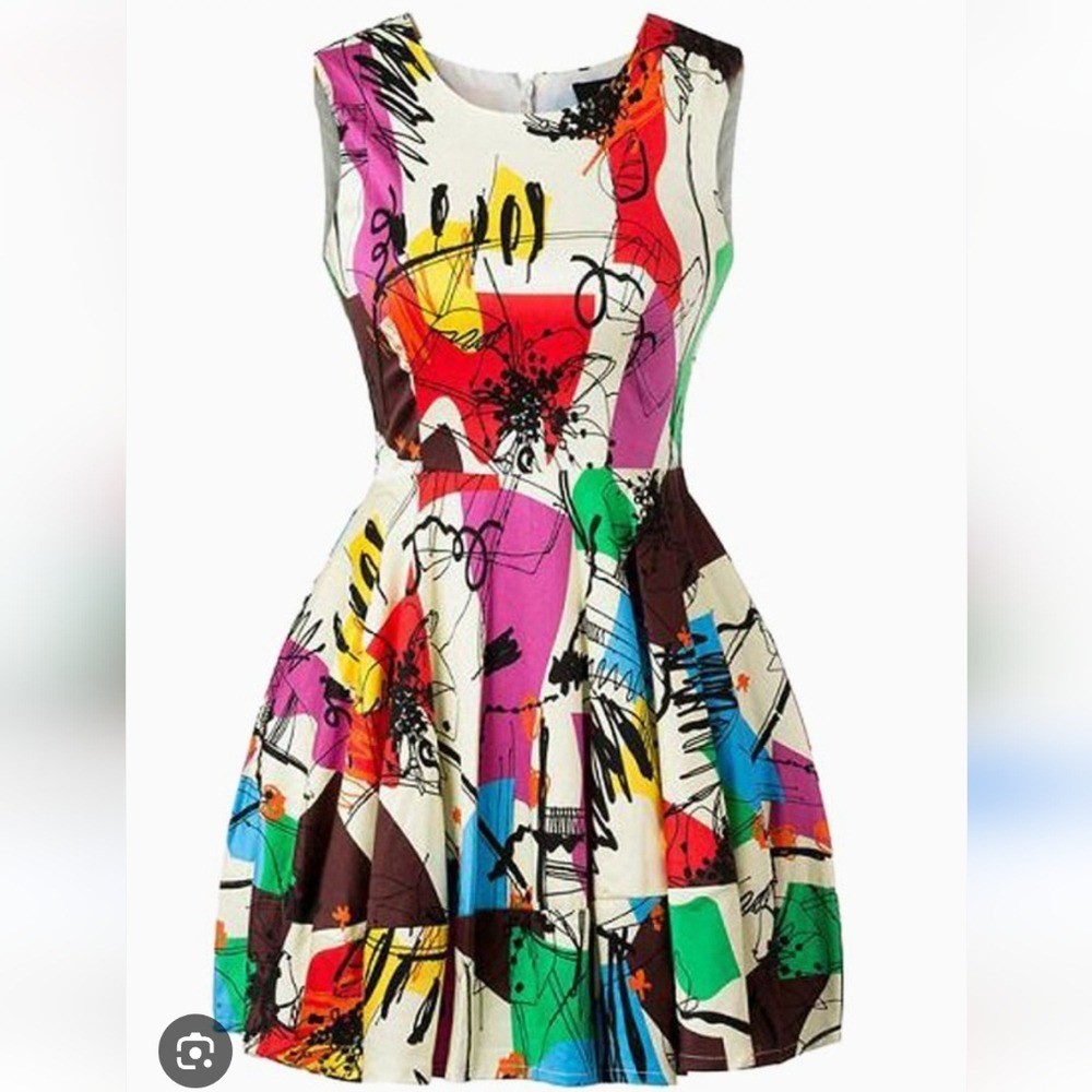 ZR&ZR Multicolor white pink red Flare Abstract Print Sleeveless Dress sz large L