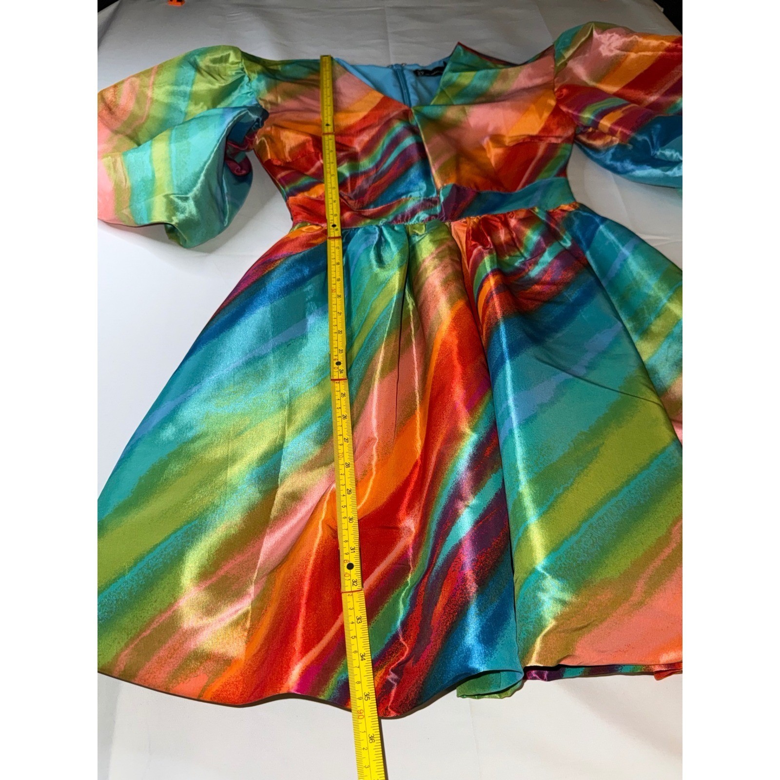 New York & Company Rainbow Stripe Puff Sleeve Mini Dress XS Multi Color V-Neck