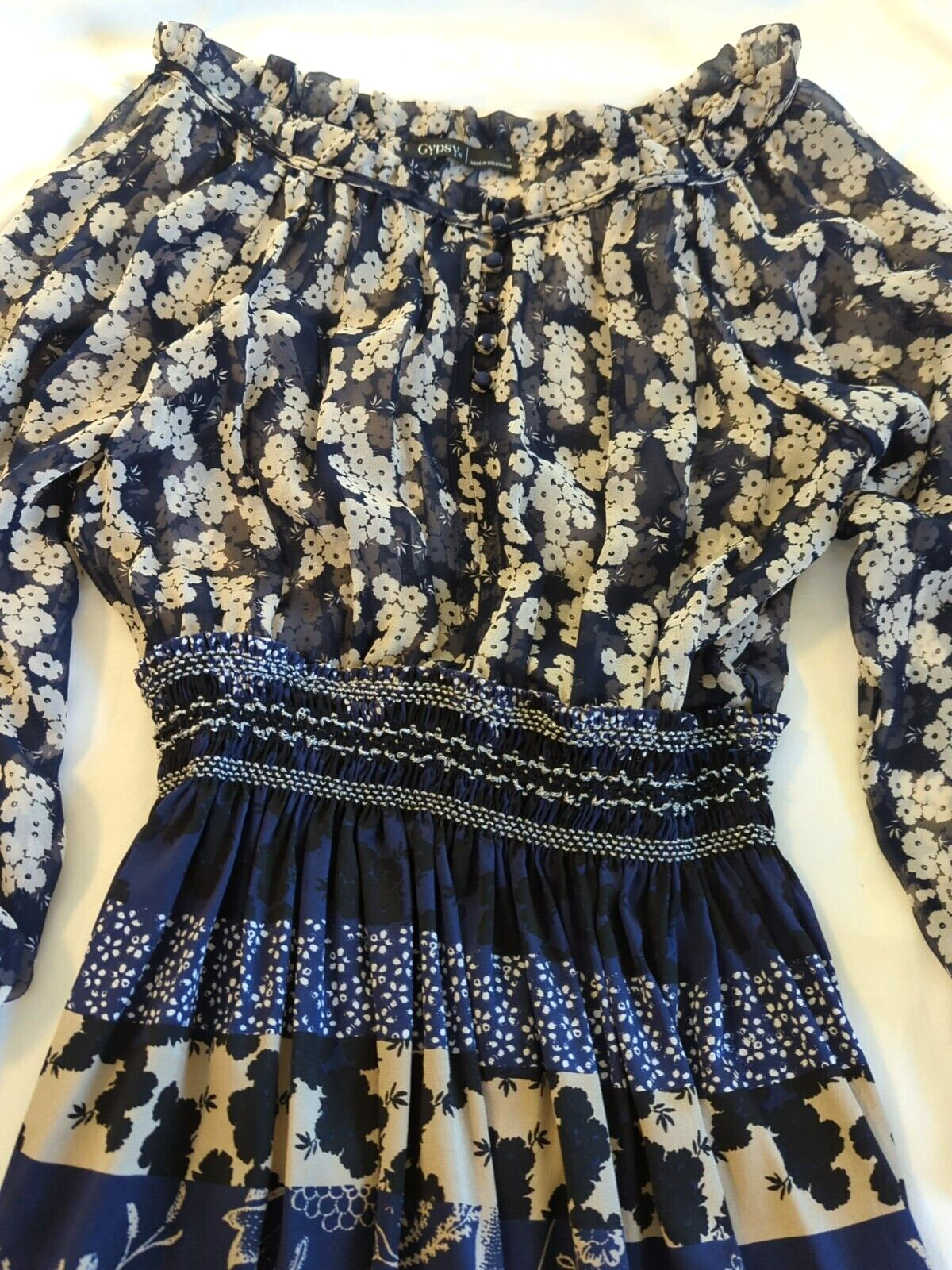 Gypsy 05 Silk Dress S Blue Paisley Bell Sleeve Smocked Waist Cuff Fairy Inspired