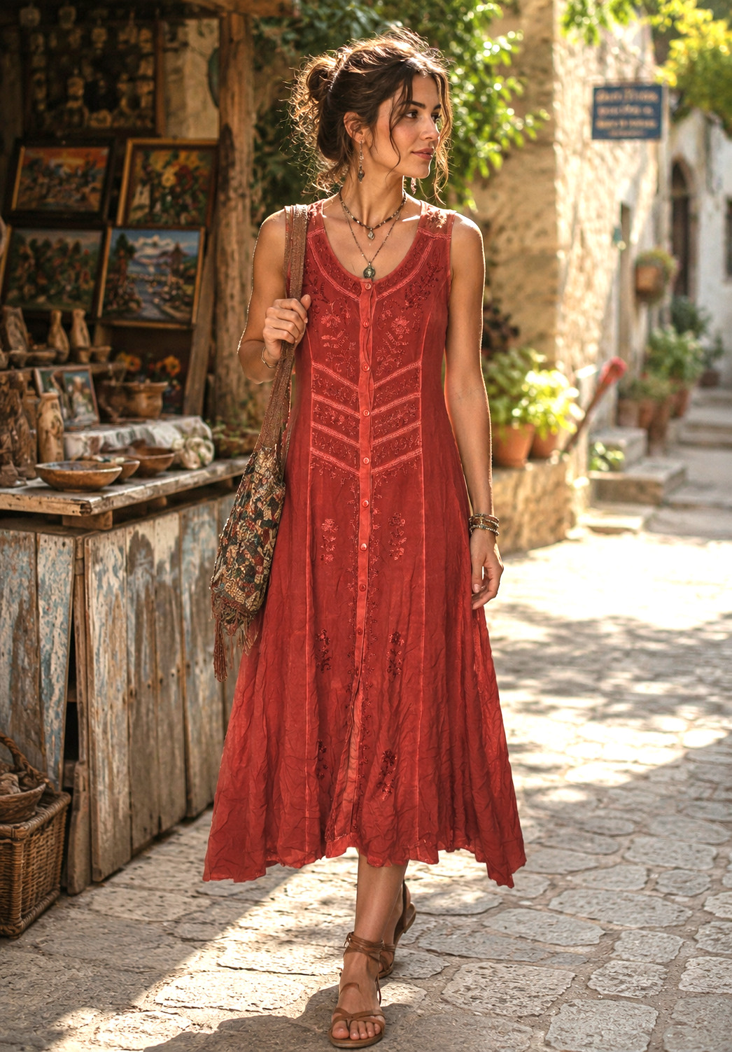 Embroidered Button Up Rust Orange M Tank Dress Waist ties Hippie Boho Artisanal