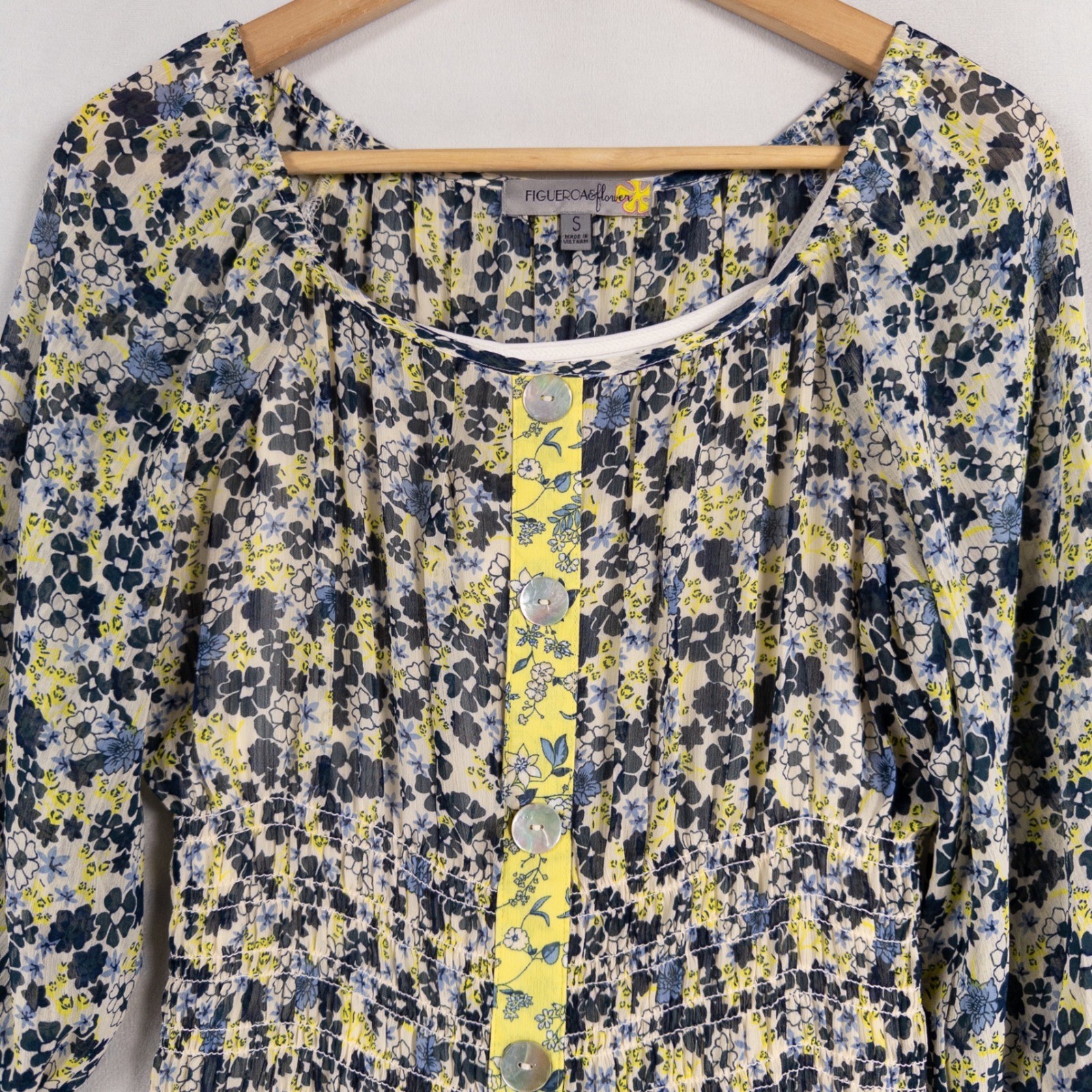 Figueroa & Flower Midi Dress Sz Small Floral Tiered Button Front Smocked Peasant