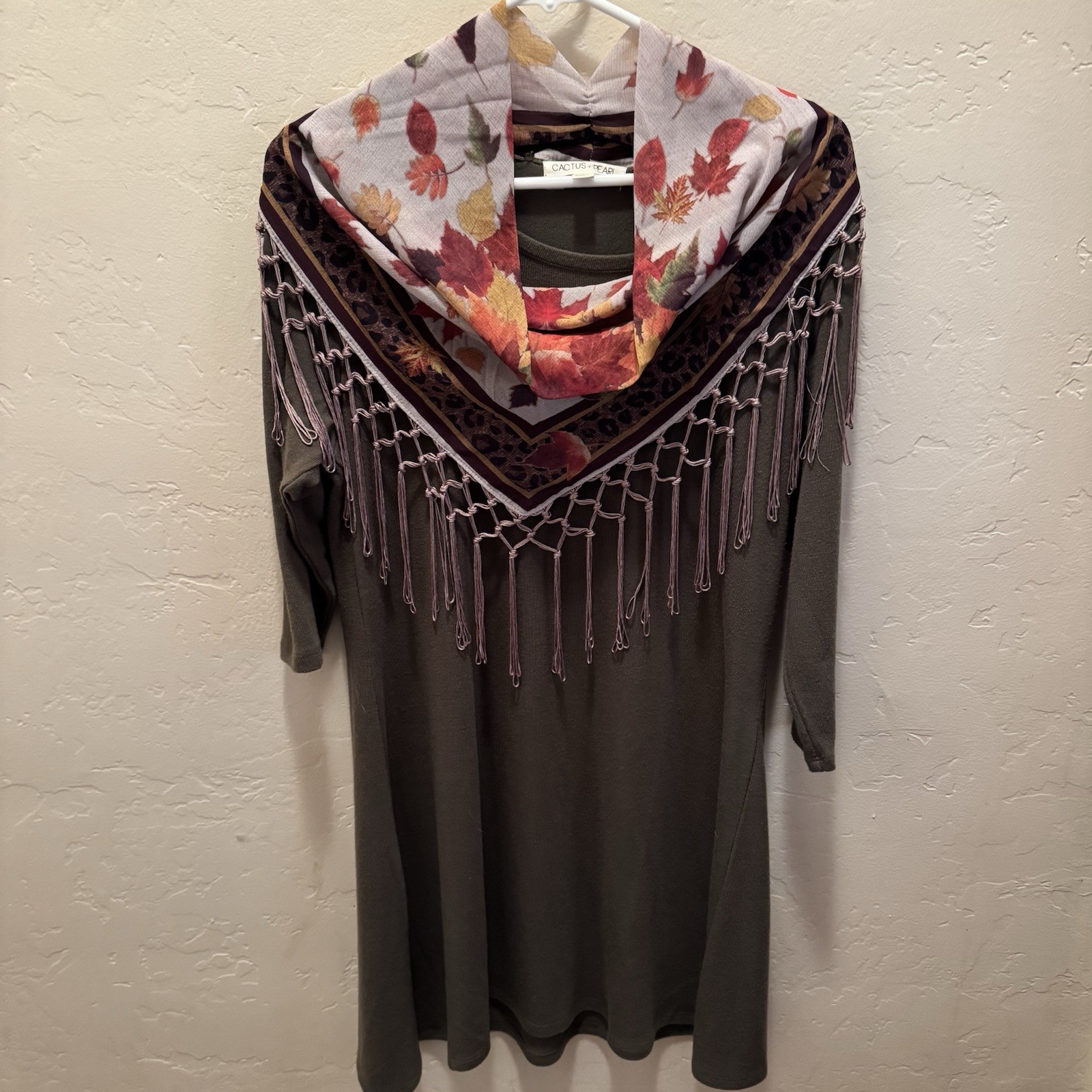 Cactus + Pearl Tunic Dress Olive, Autumn Leaf Leopard Scarf, 3/4-Sleeve Small