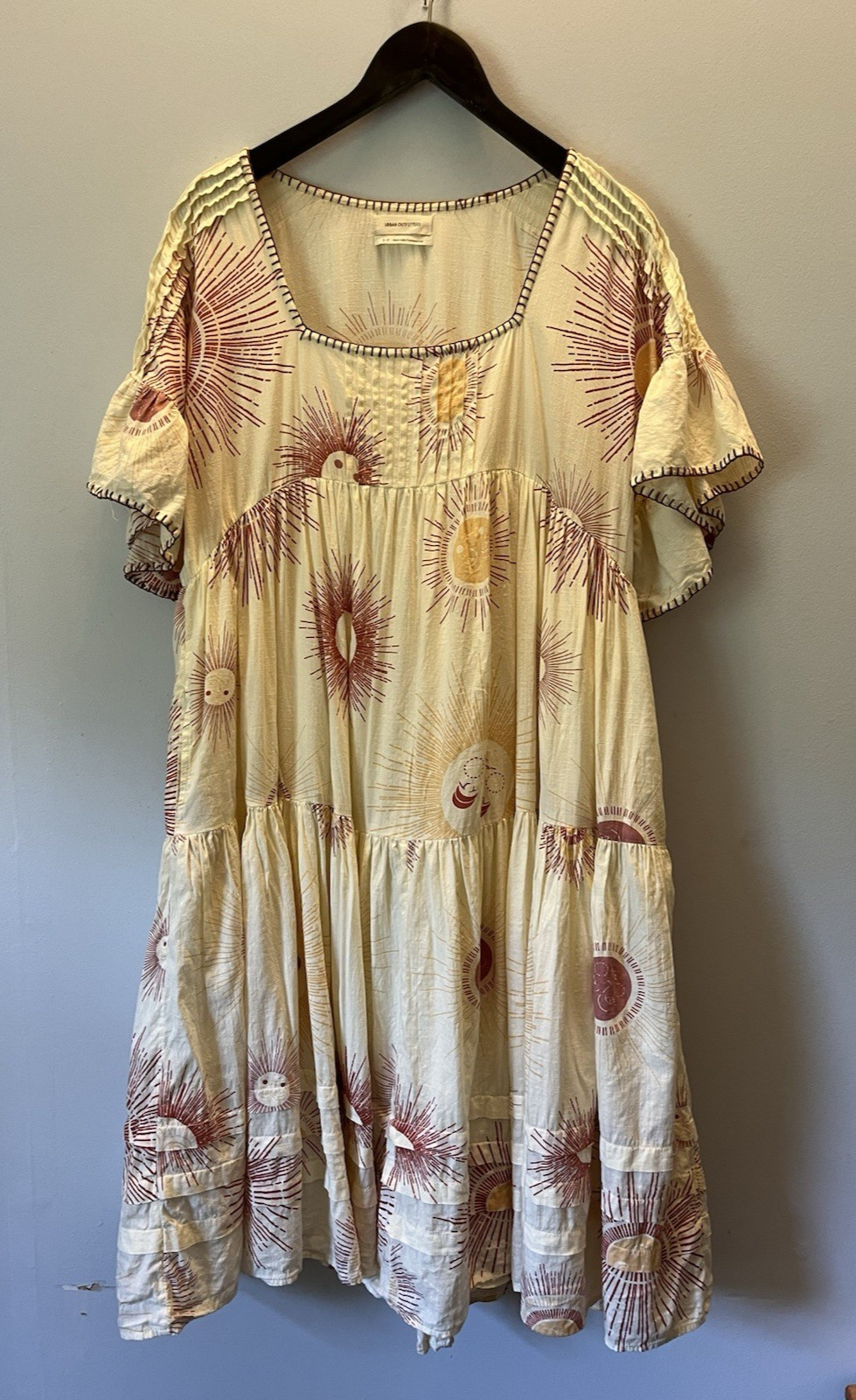 Urban Outfitters Boho Sun Moon Eclipse Dress Tiered Midi Lined Women Sz SM 43″