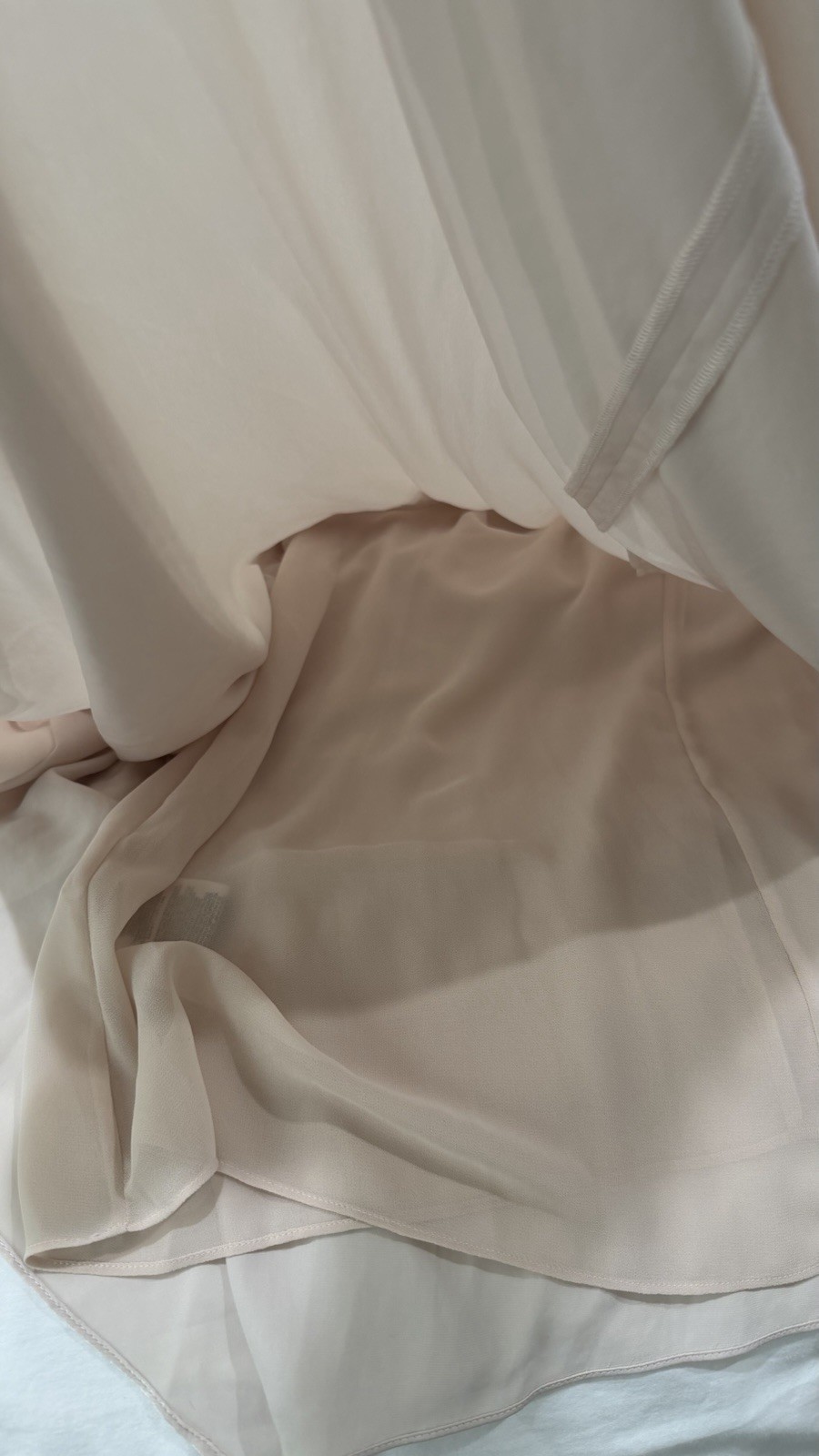 BCBGMaxAzria Off-Shoulder Ruffle Handkerchief Hem Dress in Stone Taupe Beige L