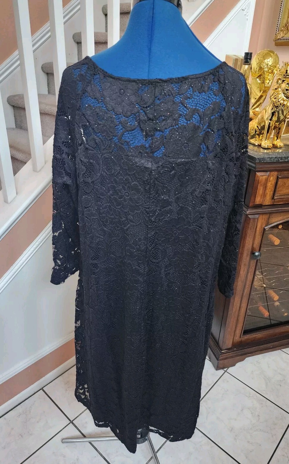 NWOT CANDALITE Black Sparkle All Lace Round Neck 3/4 Sleeve Evening Dress Sz 2X