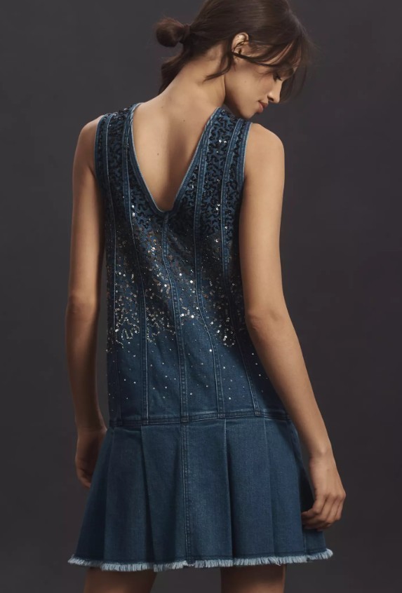 NWT Anthropologie Pilcro Sequin Sparkle Denim Button Front MinI Dress Size Small
