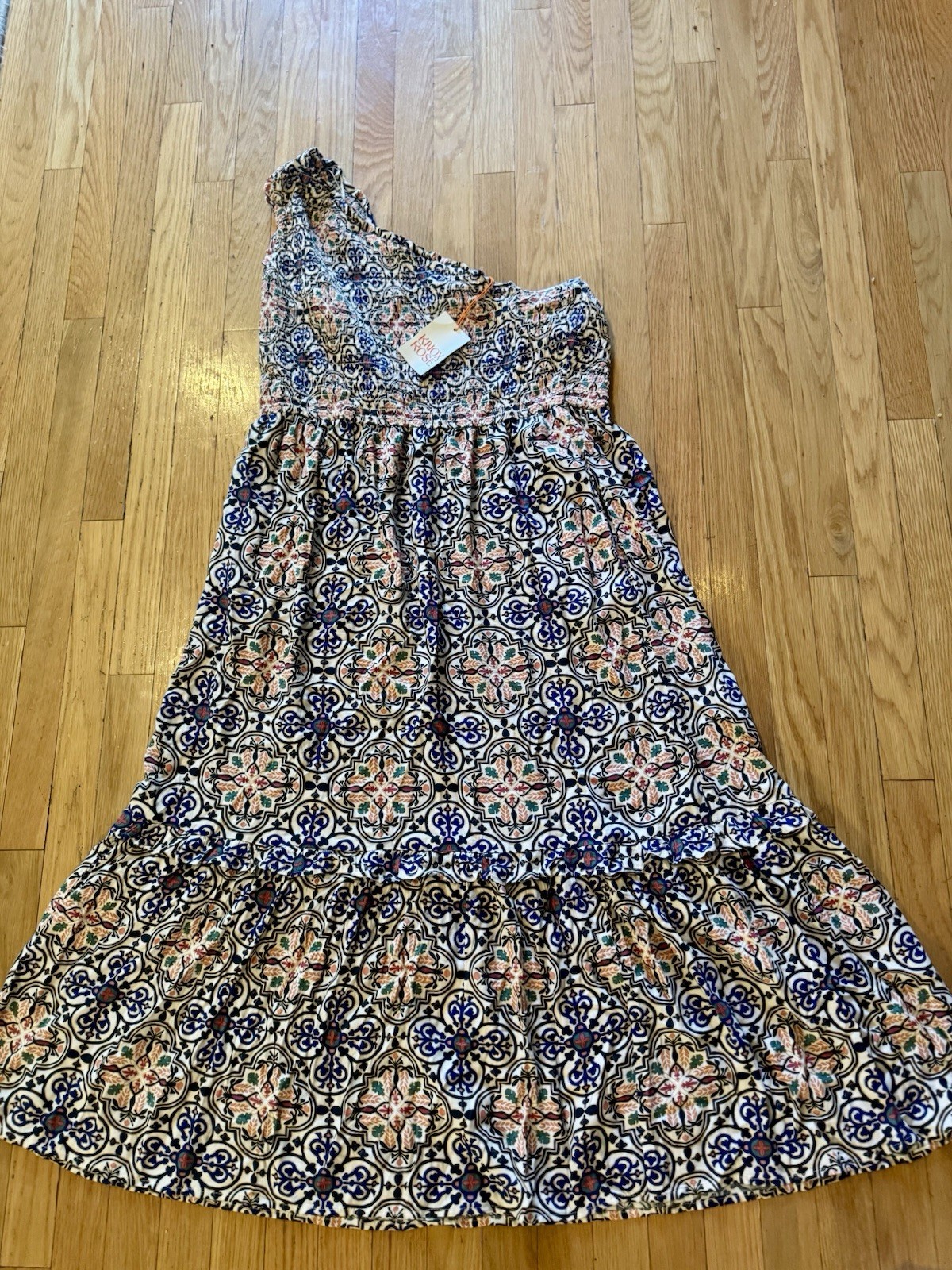 Knox Rose One Shoulder A-Line Maxi Dress Sundress Tiered Smocked Boho XXL NWT C1