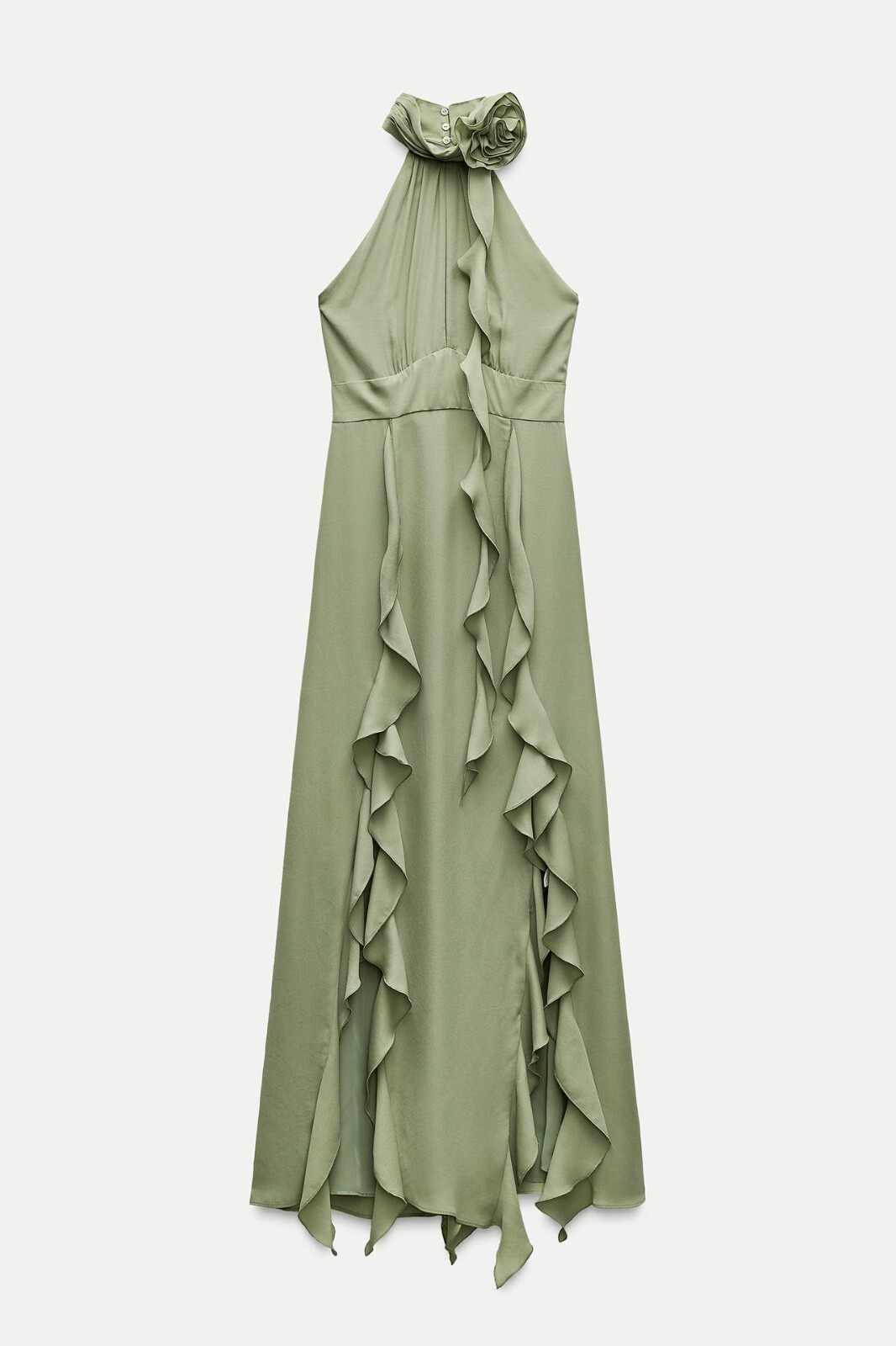ZARA WOMAN NWT RUFFLED FLOWER HALTER NECK MIDI DRESS SEA GREEN | 8978/327 FW24