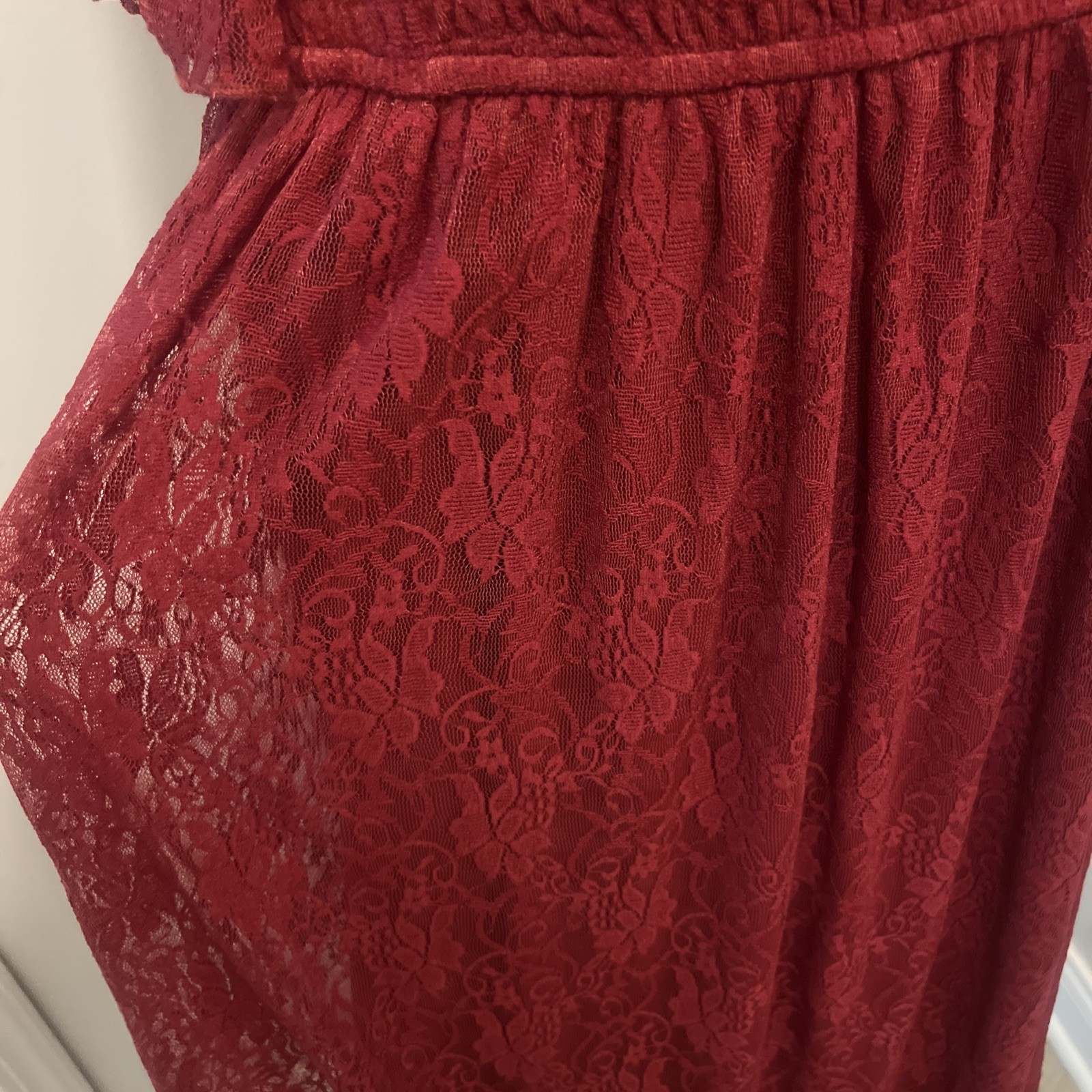SCOMCHIC Red Wine Peasant Lace Maxi Dress Plus Sz 2XL Smocked