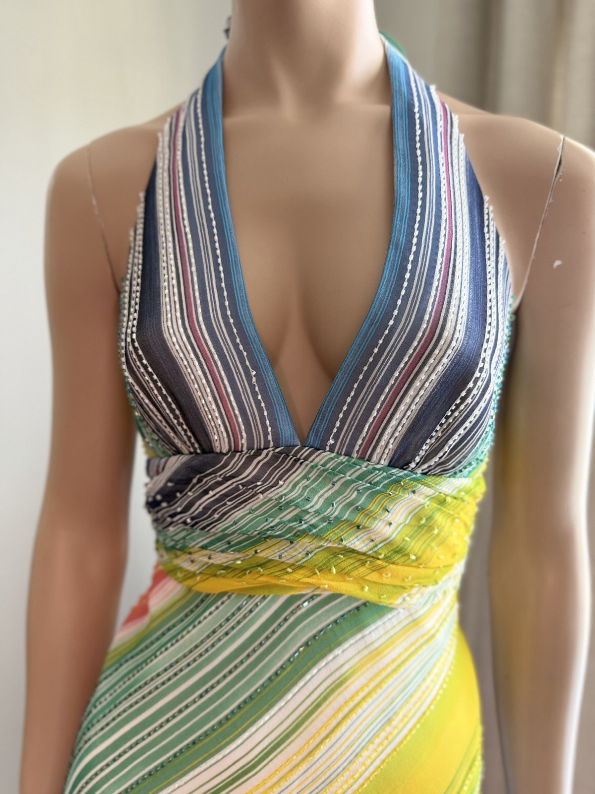 BCBGMAXAZRIA Silk Beaded Rainbow Halter Dress Sz 8 Asymmetrical Y2K Vintage Rare