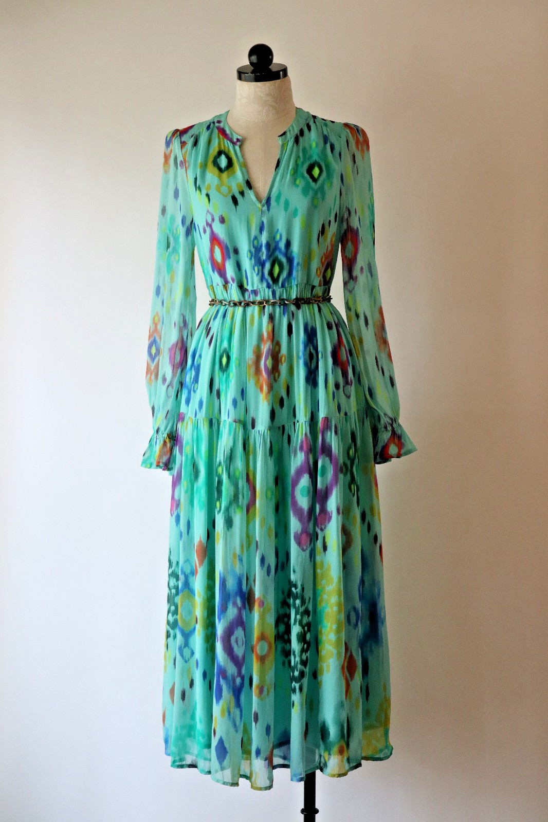 By Anthropologie Turquoise Blue Chiffon Ikat Prairie Bohemian Maxi Dress Women S