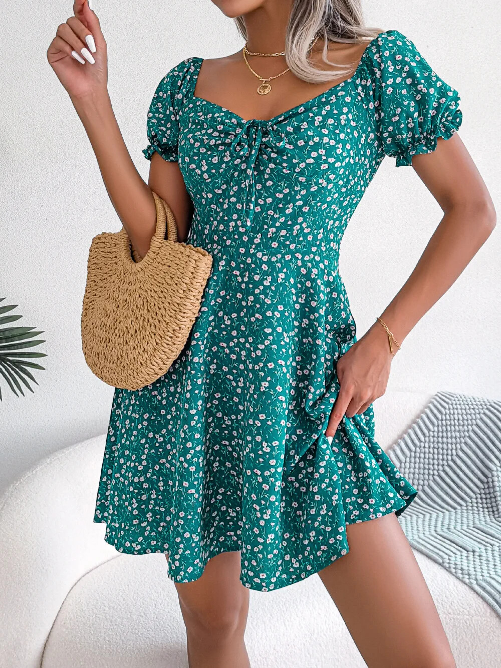 Spring Summer Square Collar Floral Ruffles Mini Dress Women Casual Flare Sleeves
