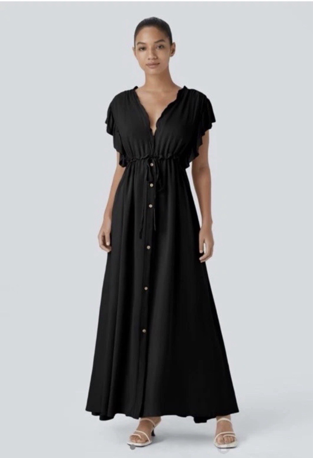 Halara Deep V Neck Butterfly Sleeve Drawstring Flowy Maxi Dress Black XL New!