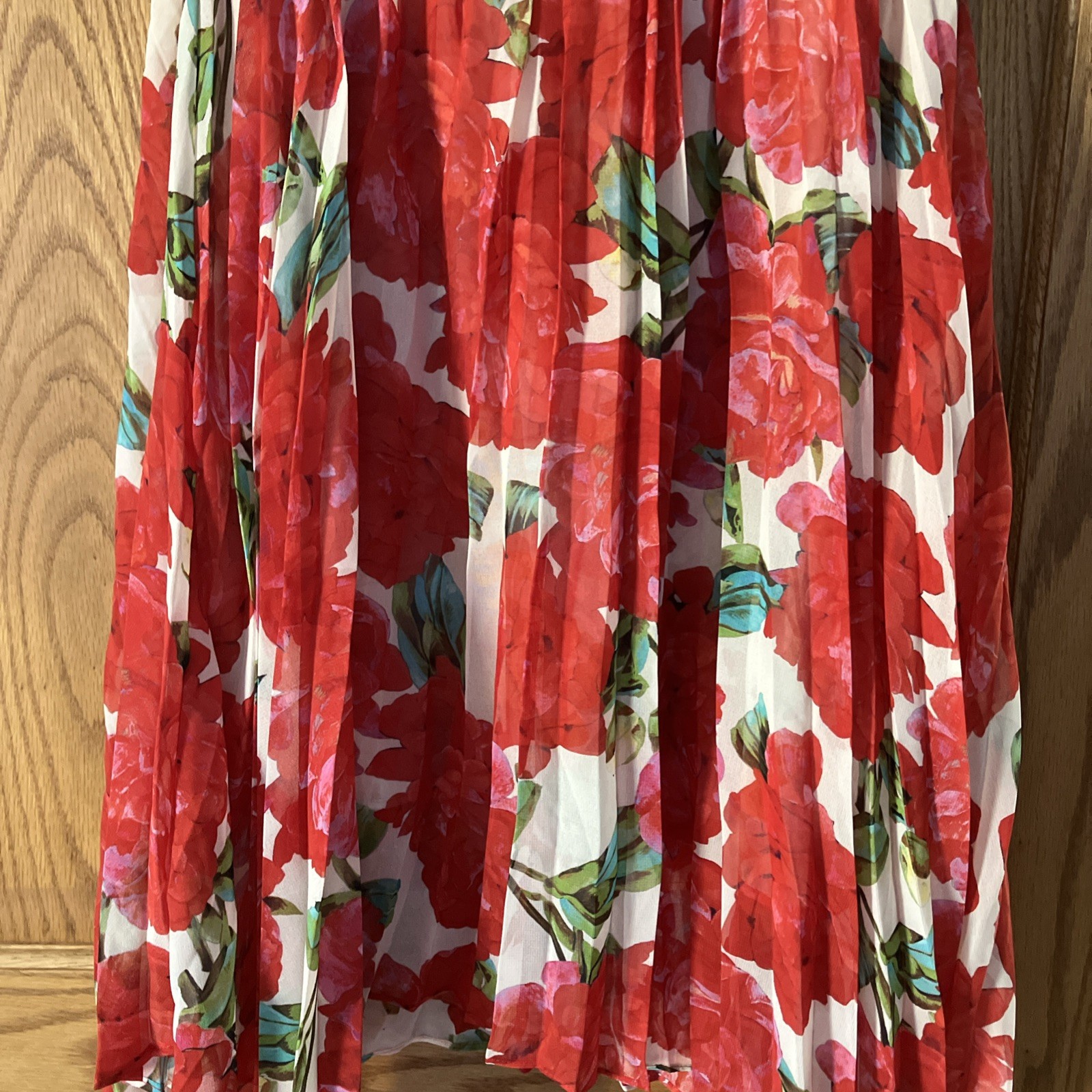 NWT The Kooples Red Floral Roses Pleated Midi Dress Handkerchief Hem Sz 2 PRETTY