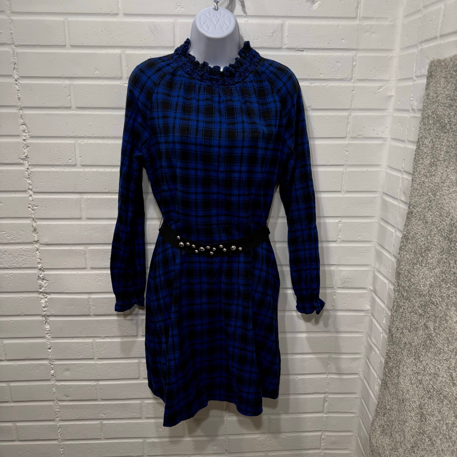 Maje Rivine Plaid A-line Mini Dress Blue Black Check Studded Belt Sz 4 Holiday