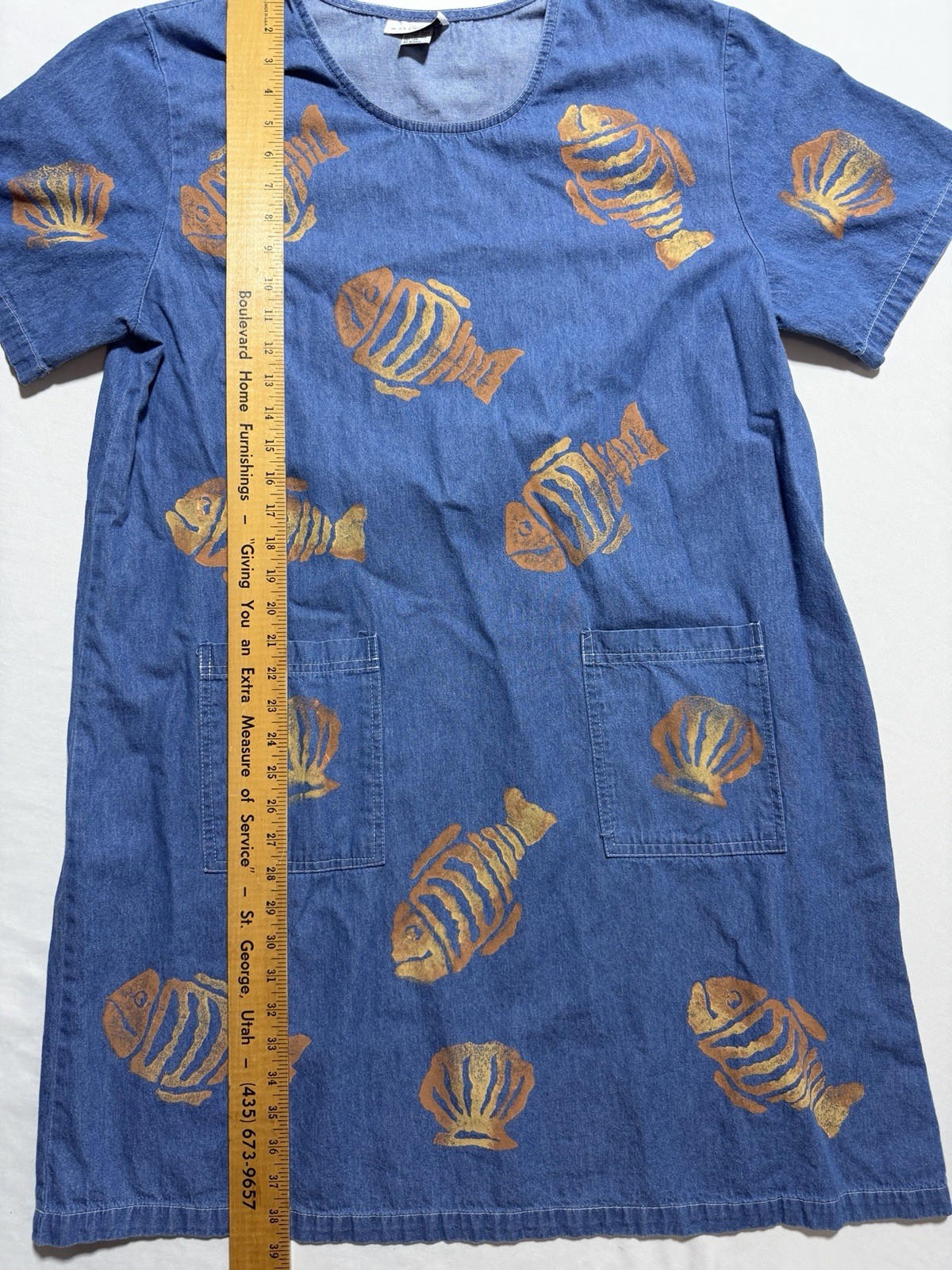 Match Point USA Vintage Denim Shift Dress XL Gold Fish Seashell Print Pockets