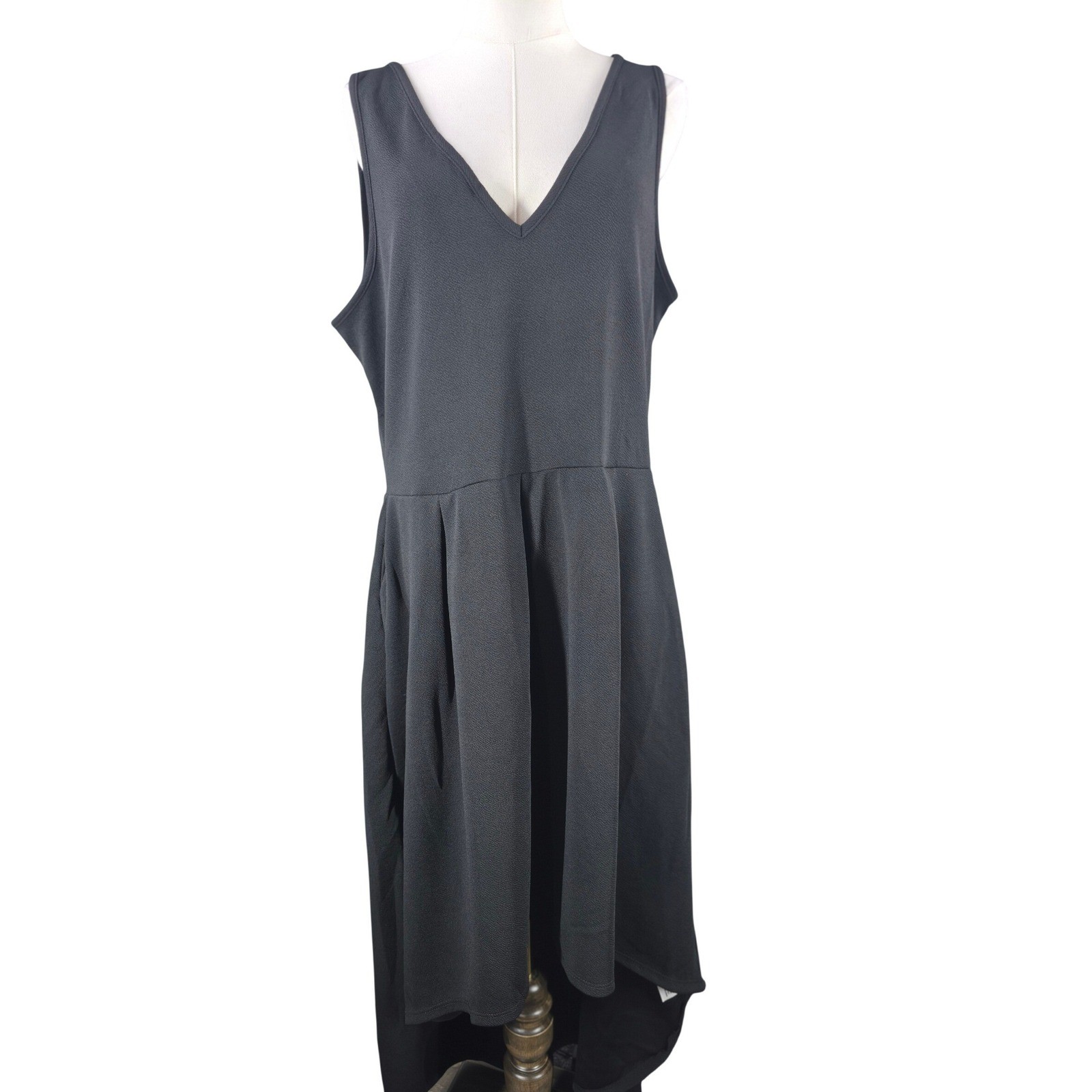 24seven Comfort V-Neck Fit & Flare Midi Pleat Dress Womens 1X Black Minimalist