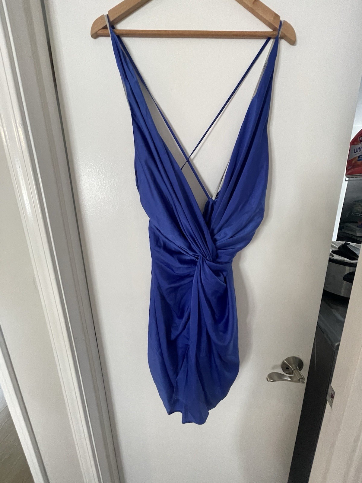 ASOS DESIGN Blue Satin Mini Slip Dress V-Neck Backless Zip Strappy US 14