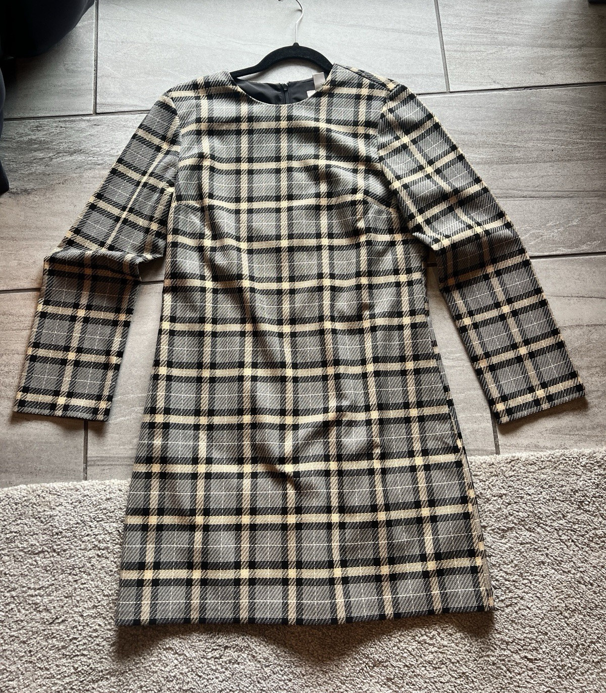 H&M Black Beige Plaid Midi Pencil Dress Round Neck Long Sleeve Zip Sz S