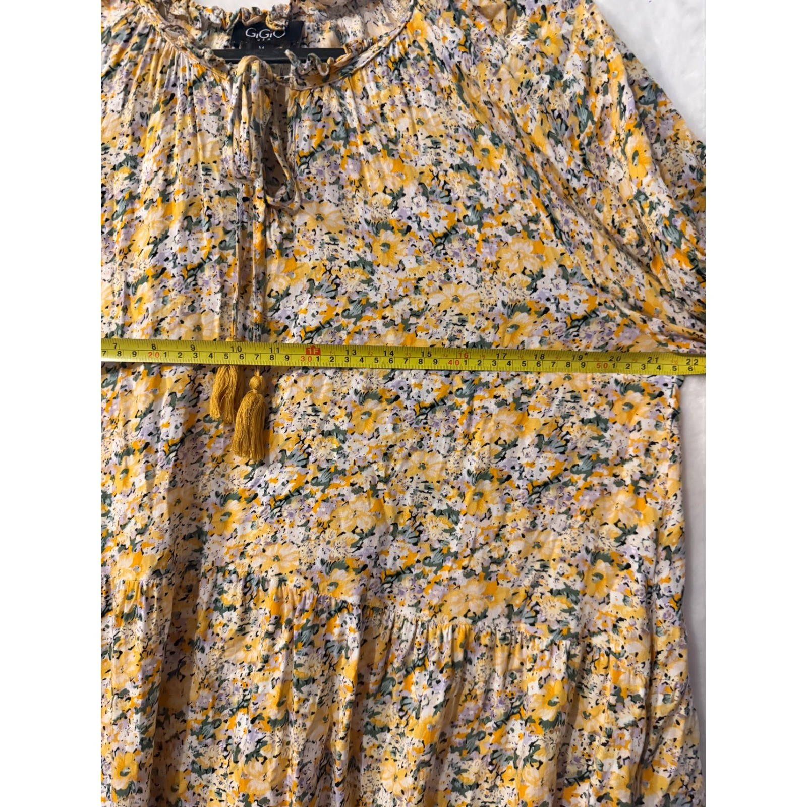 GIGIO USA Yellow Floral Tiered Boho Mini Dress Tassel Tie TC1910 Medium