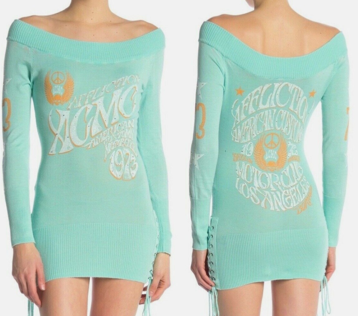 Affliction Dress Women’s Size XS Green Top Daze Sweater Skull Black Premium $107