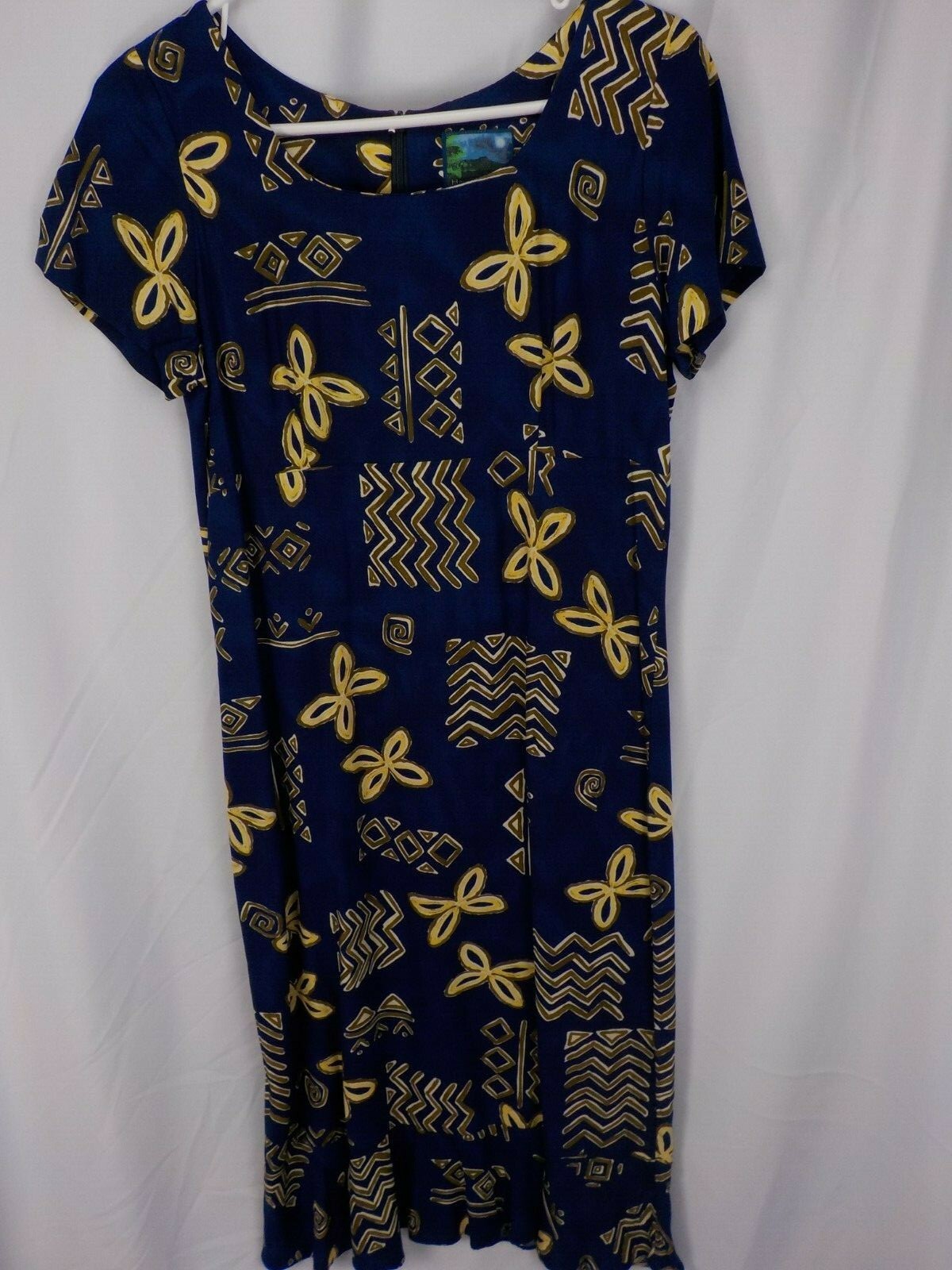 HAWAIIAN MOON DRESS WOMENS SZ S NAVY HIEROGLYPHS SHORT SLEEVE BTTM FLOUNCE RAYON