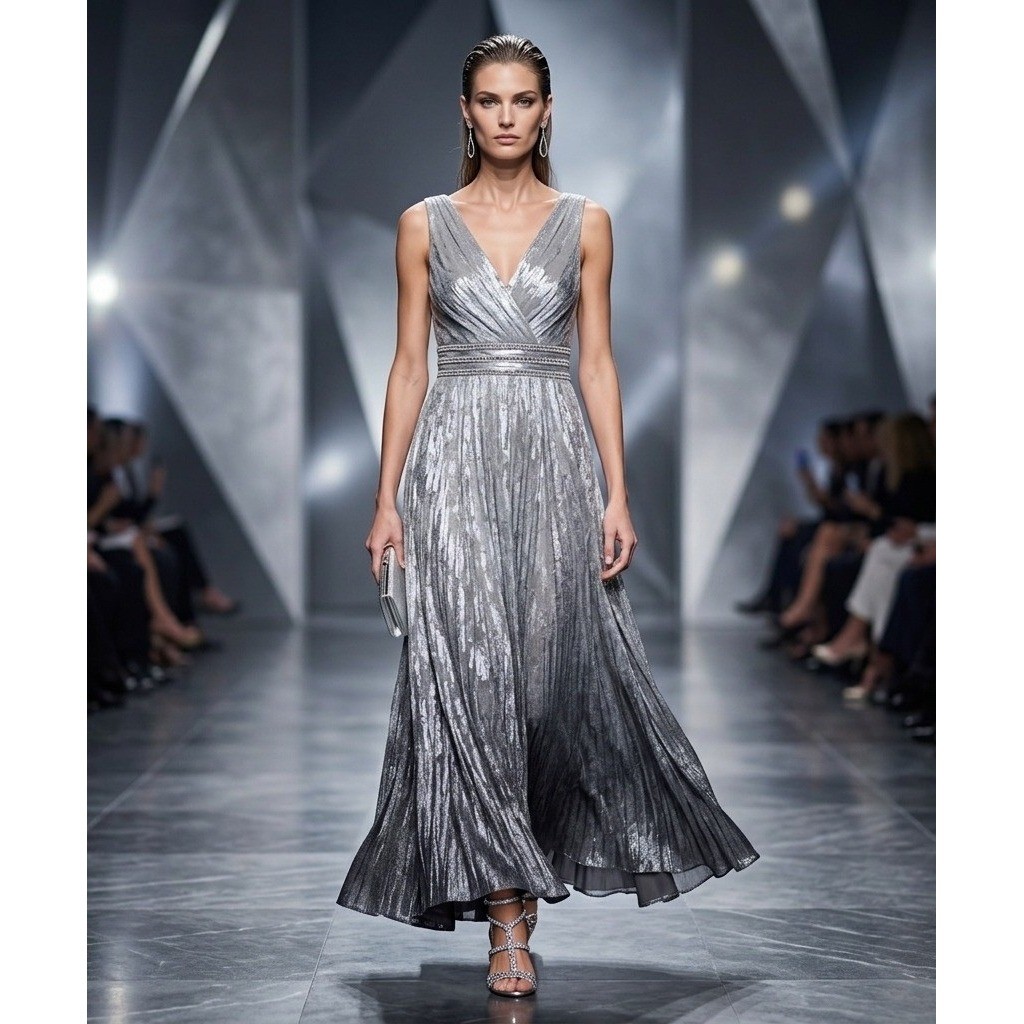 R&M Richards Silver Metallic Pleated Gown Beaded Empire Waist Formal Dress 14